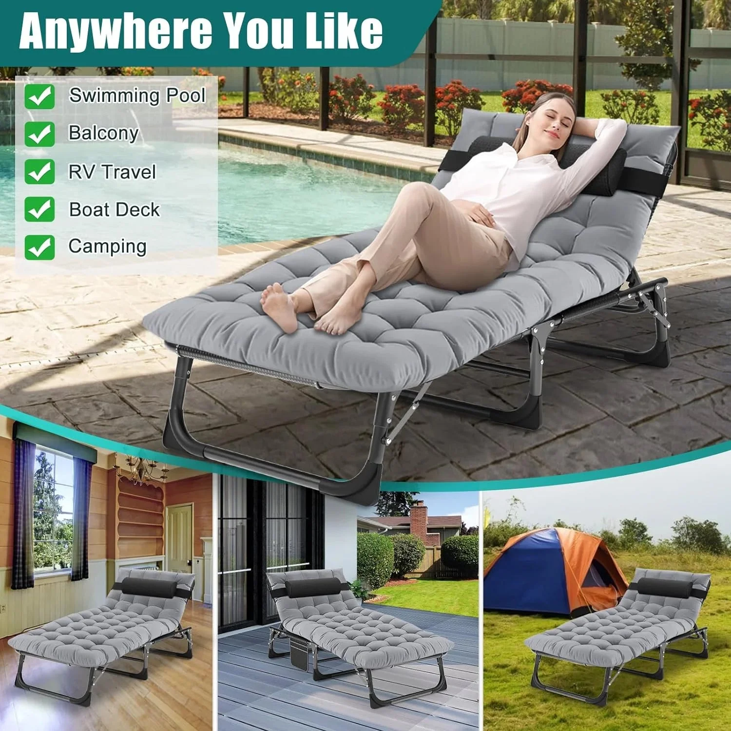 Slsy 5-Position Adjustable Folding Lounge Chair And Cot - 75.2" x 25.6" x 11.8" - Image 36 Slsy 5-Position Adjustable Folding Lounge Chair And Cot - 75.2" x 25.6" x 11.8" - Image 36