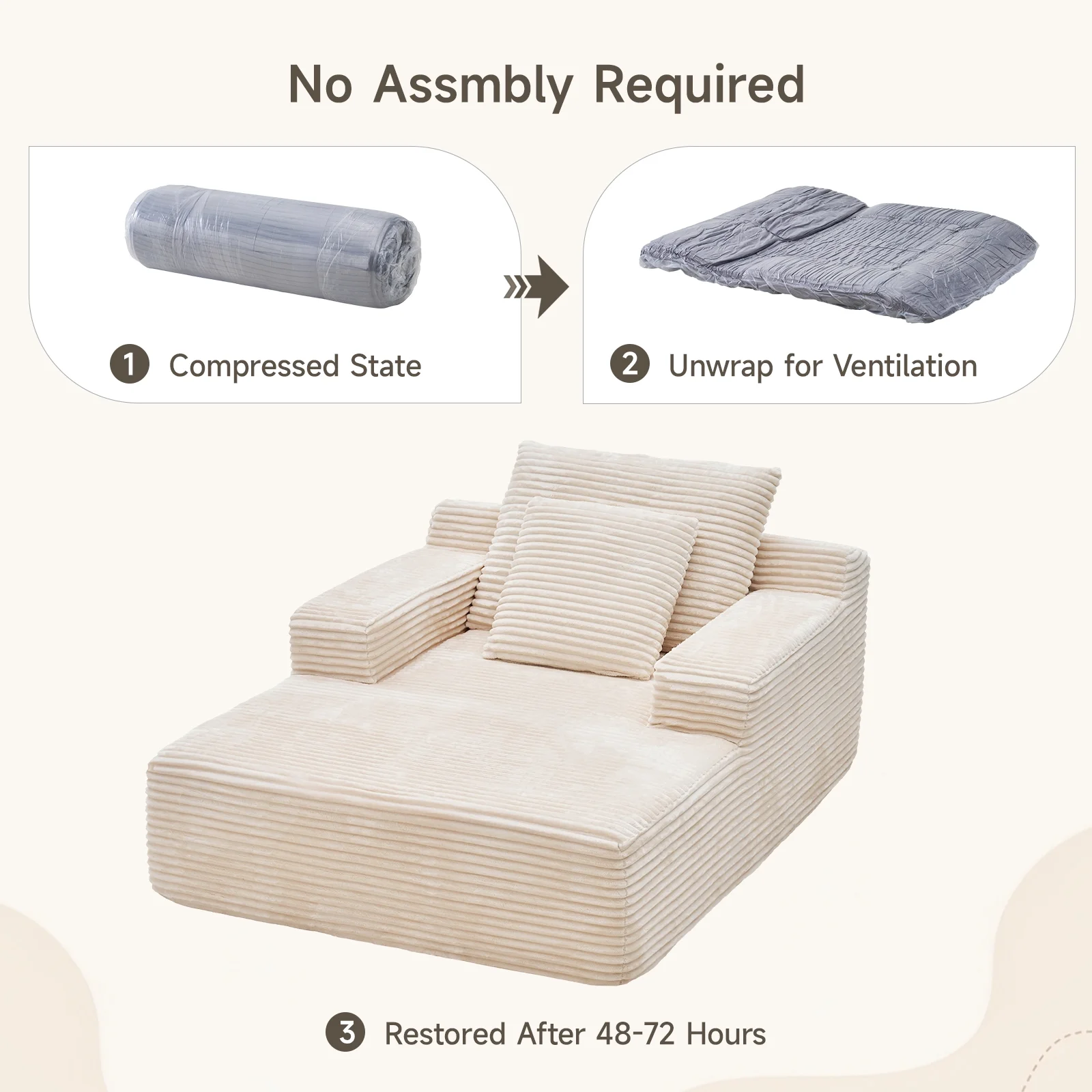 65" Corduroy Cloud Sleeper Chaise Lounge Chair, No Assembly Sofa Bed with Pillows, Beige - Image 7