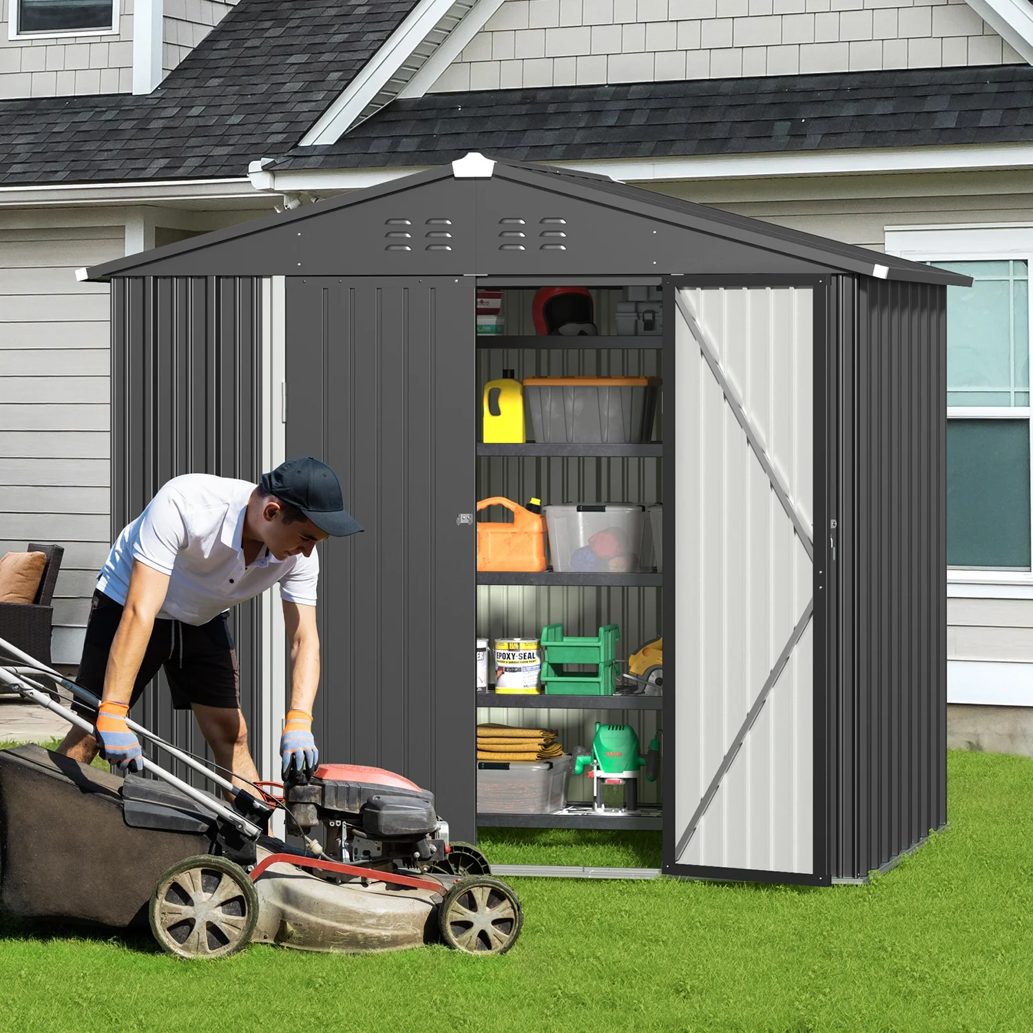 6x4FT Metal Outdoor Storage Shed, Garden Tool Shed with Lockable Doors & Slooping Roof for Backyard,Patio,Dark Grey - Image 4