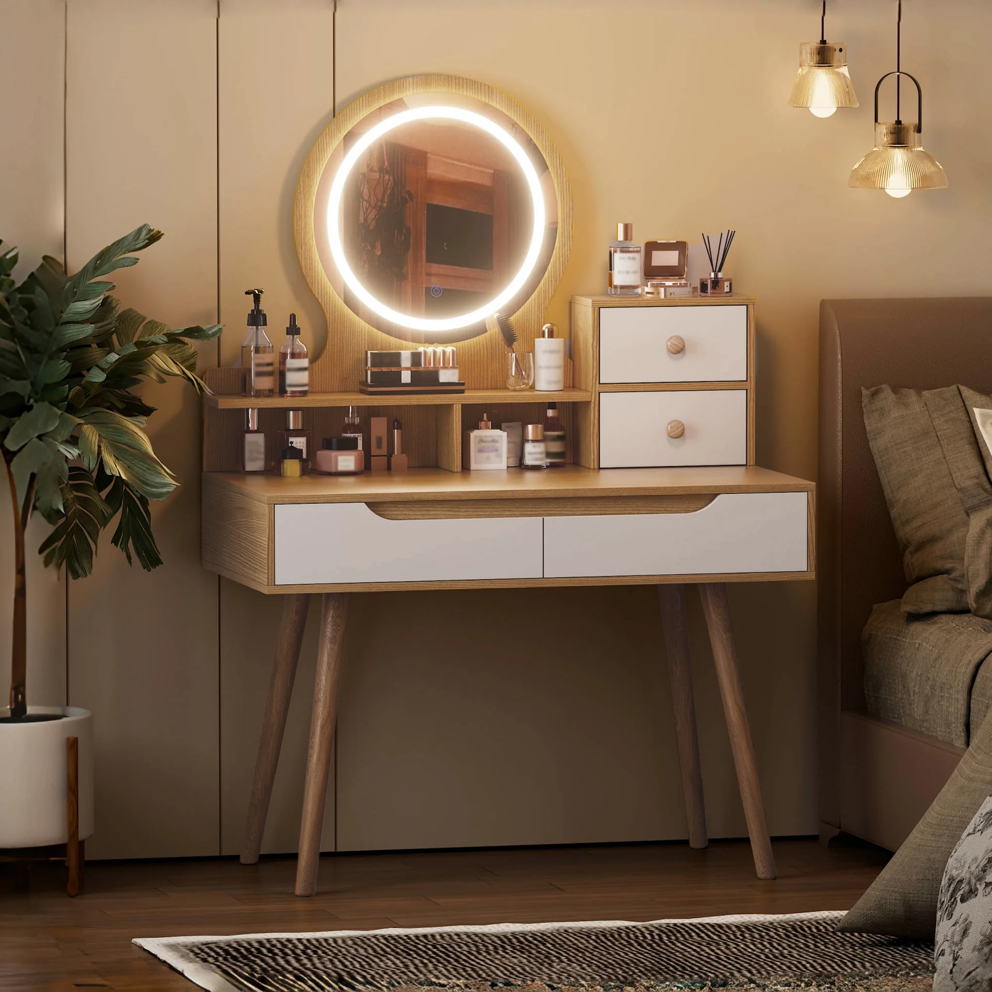 Montary Modern Mini Vanity w/Adjustable LED Mirror + Hidden Storage, Padded Stool & Dustproof Shelves (White) - Image 138