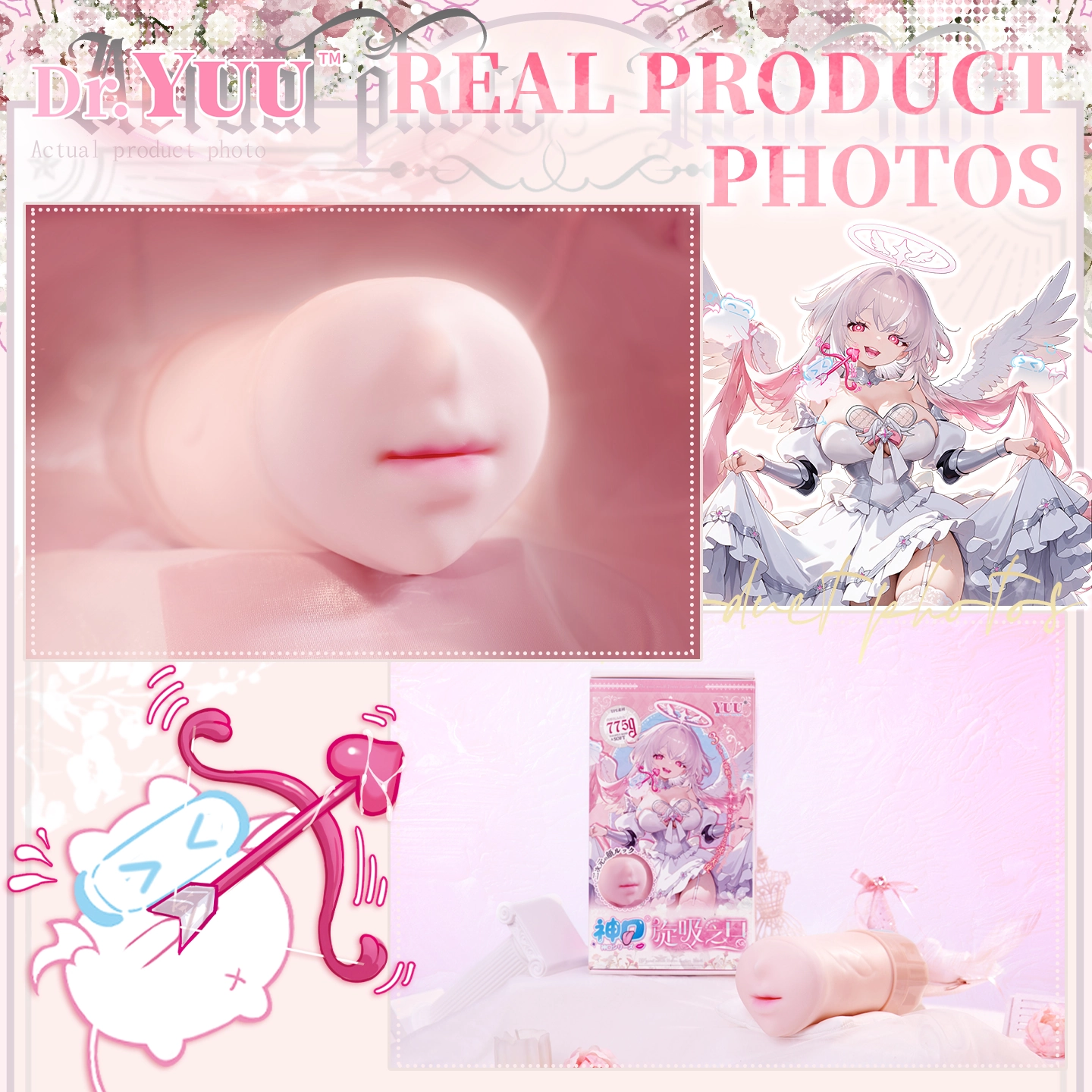 Dr.YUU rotating tongue oral masturbator real product photo showing suction entry dual vibration and soft tongue design