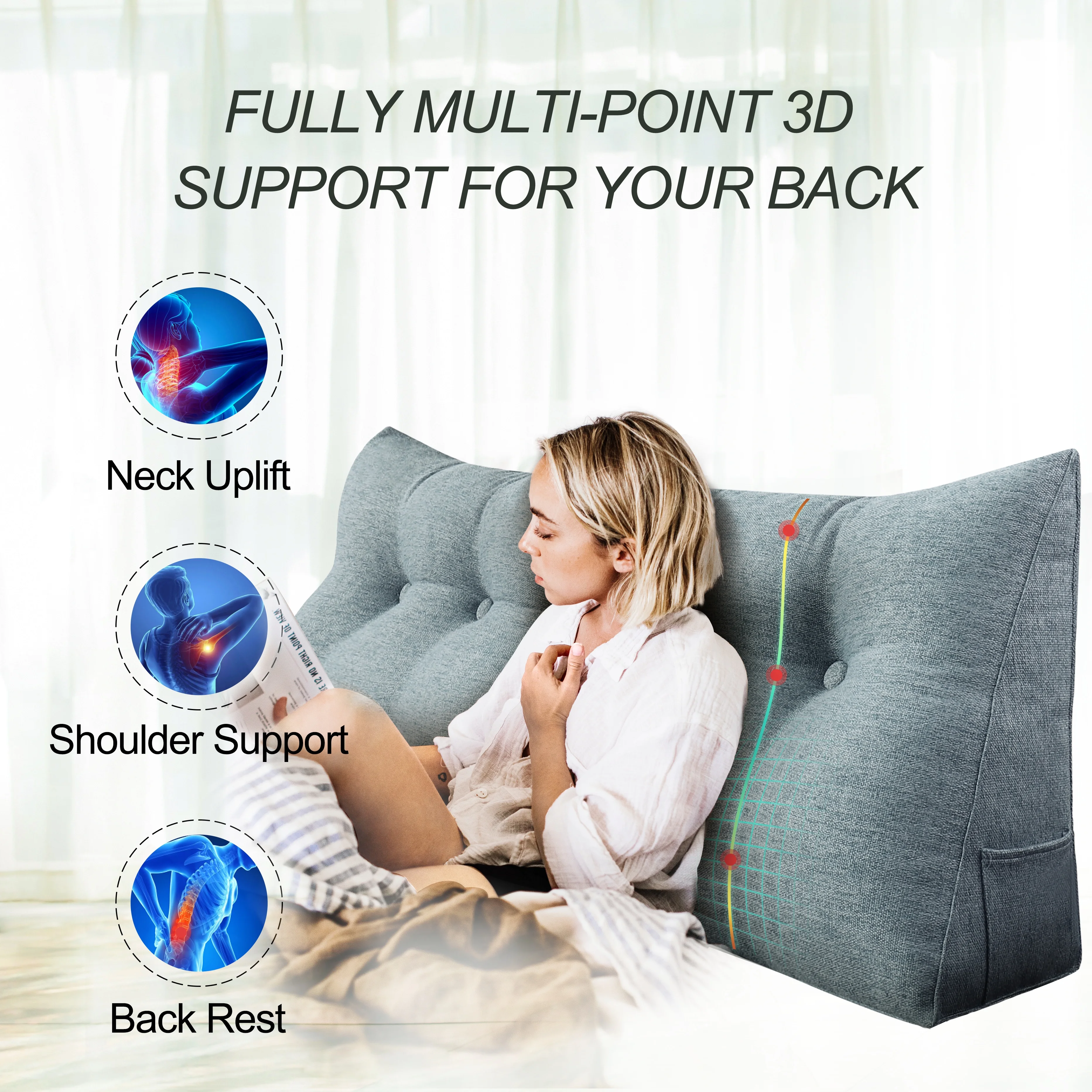 WOWMAX Sofa Daybed Large Filled Triangular Wedge Cushion Bed Backrest Positioning Support Pillow Reading Pillow Office Lumbar Pad with Removable Cover Gray Twin