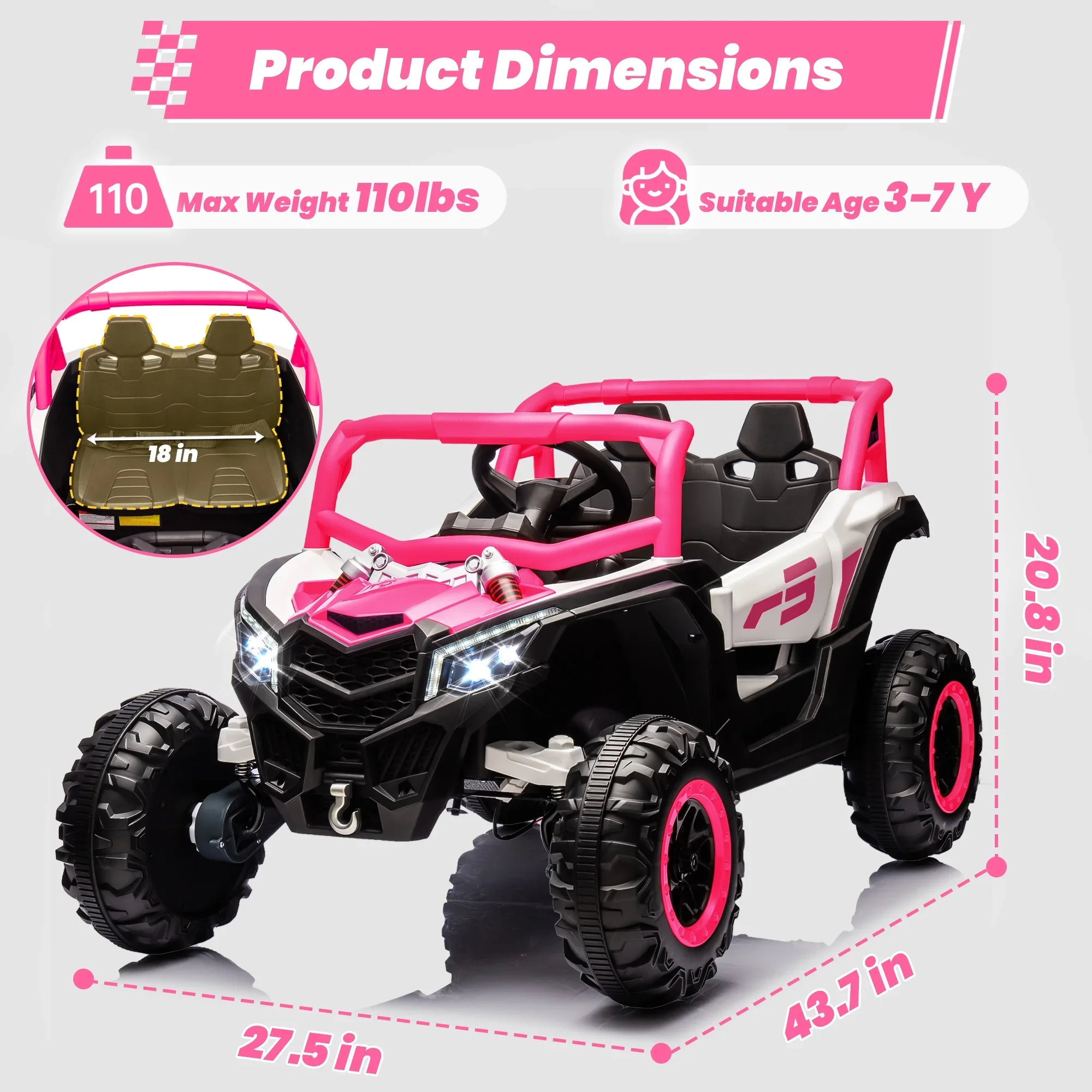 Joyracer 4WD 24 Volt Ride on Toys, 2 Seater Power Car wheels UTV with 800W Motors, Remote Control, Bluetooth Music, Spring Suspension, LED Light, Pink - Image 12