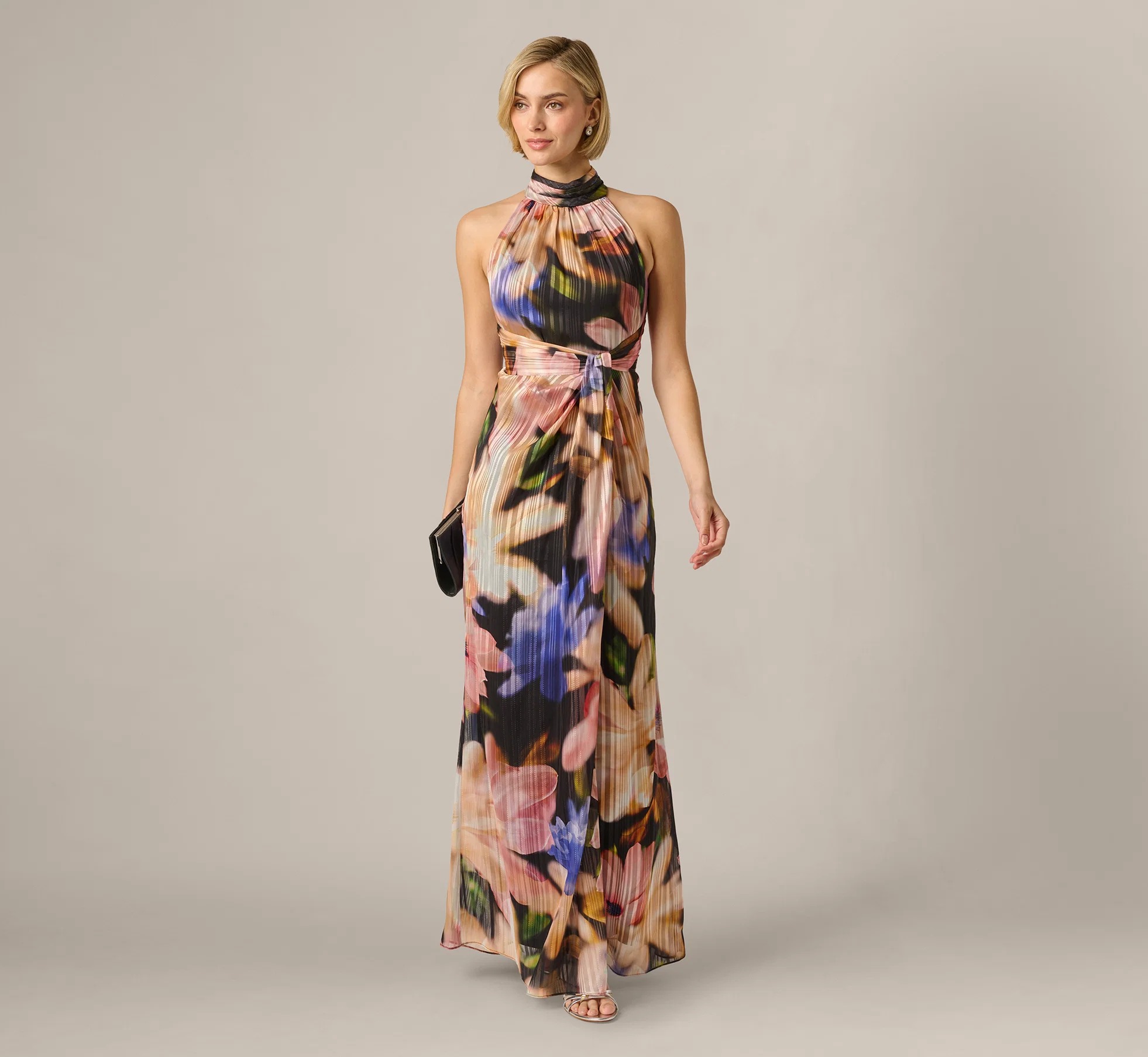 Floral Ribbon Chiffon Halter Mermaid Gown In Black Multi