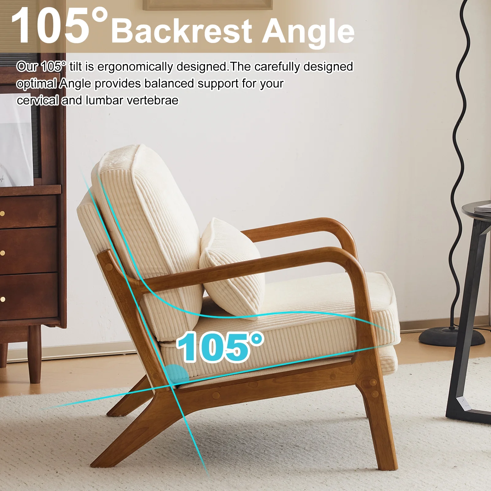 Ktaxon Accent Chair Corduroy Upholstered Armchair, Reading Club Chair with Pillow and Solid Wood Frame for Living Room Bedroom Furniture Off White