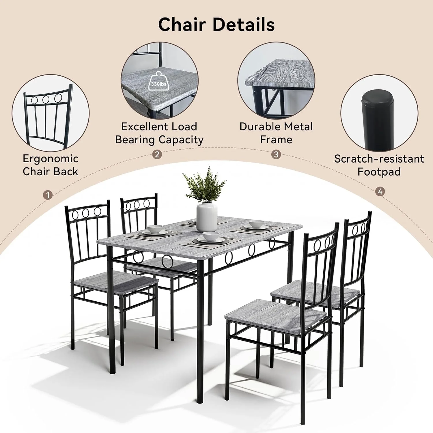 Vipbear 5-Piece Kitchen Table and Chairs, Rectangular Dining Room Table Set with 4 Chairs, Space-Saving Kitchen Table Set for Small Space,Dinette,Apartment