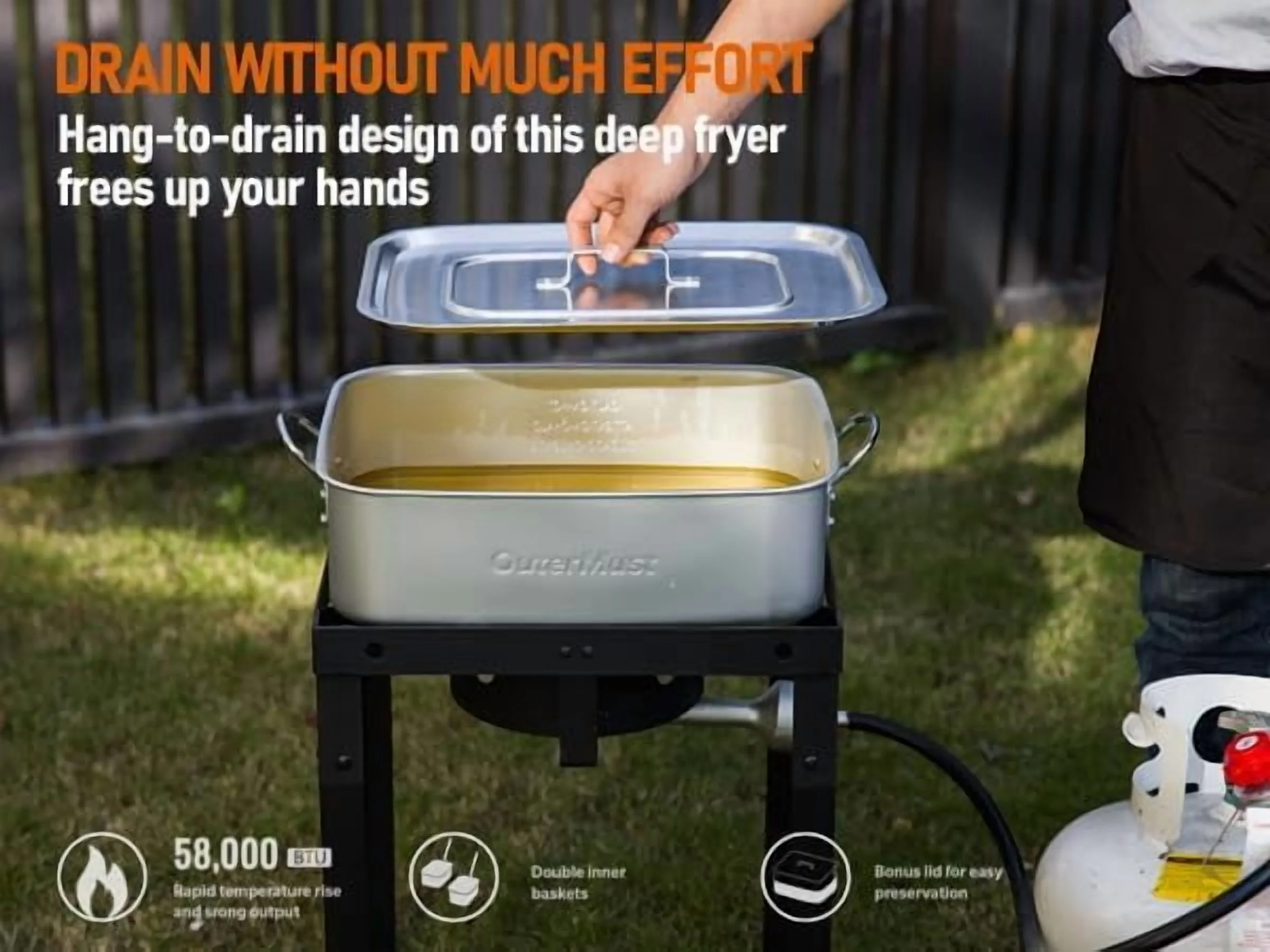 MY.58,000 BTU Outdoor Fish Fryer with Baskets and Lid, 18 Qt. Propane Deep Fryer and 2 Inner Baskets, Ideal for Frying Fish, Chicken Wings, French Fries