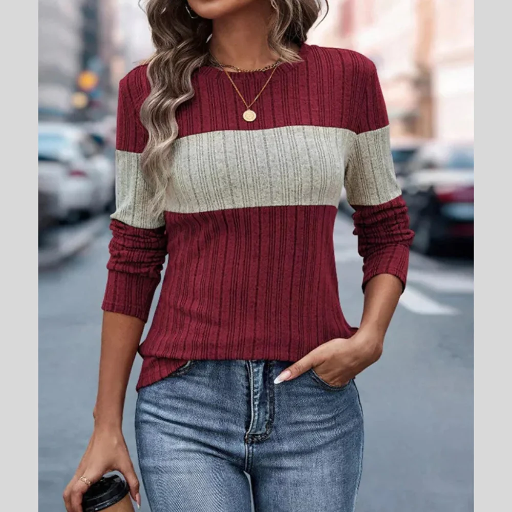 Color Block Ribbed Knit Long Sleeve T-Shirt - ZKZOOK