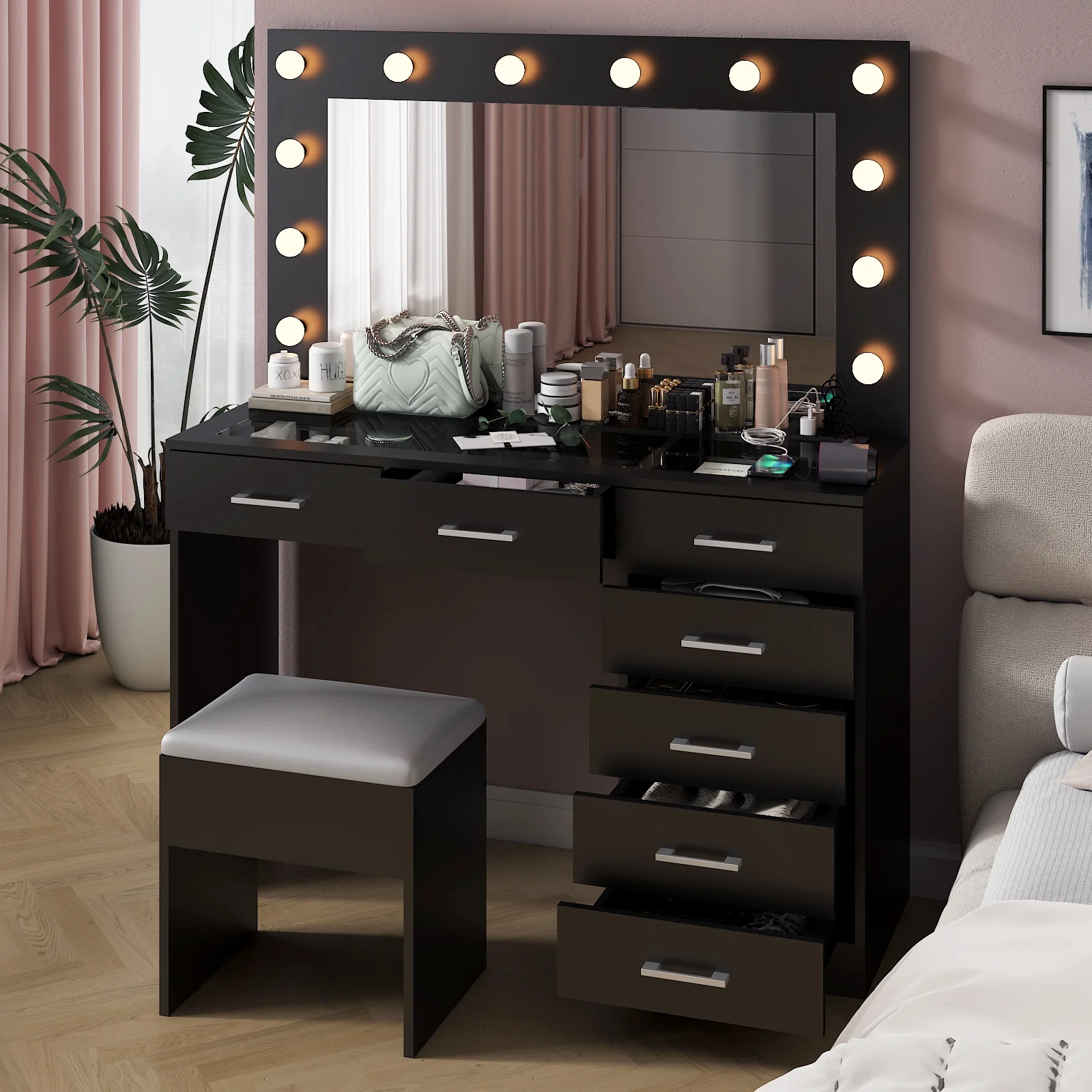 Ktaxon Large Makeup Vanity, Vanity Table Set w/ Visible Glass Top w/ Charging Station, White - Image 106