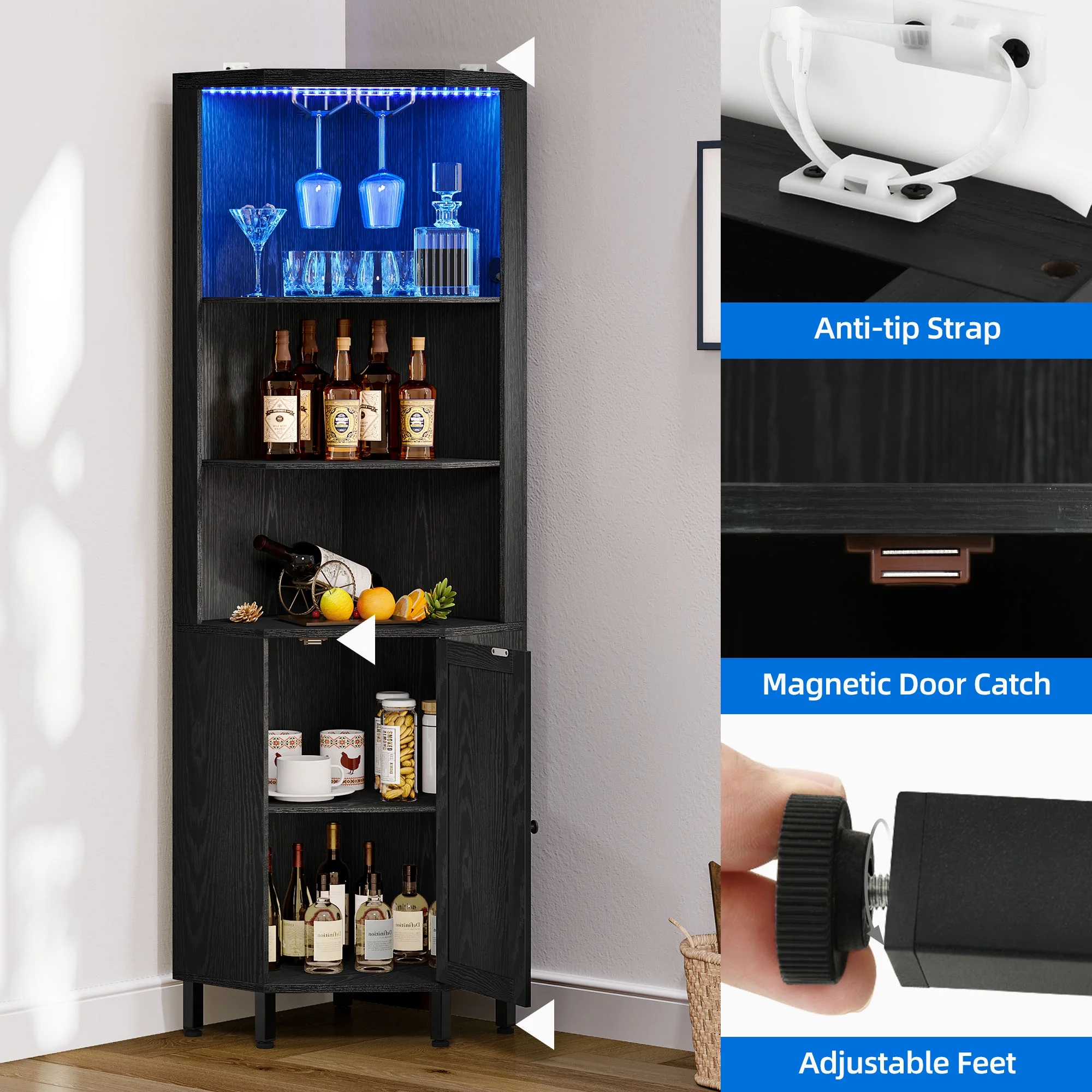 Dextrus 67" Corner Bar Cabinet with LED Lights, Wine Glass Holder & Storage Shelves, Black - Image 6