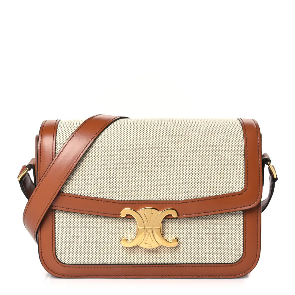 Celine White/Tan Textile Natural Calfskin Leather Medium Classique Triomphe Bag Gold Hardware High-end Reps1:1High-quality replica