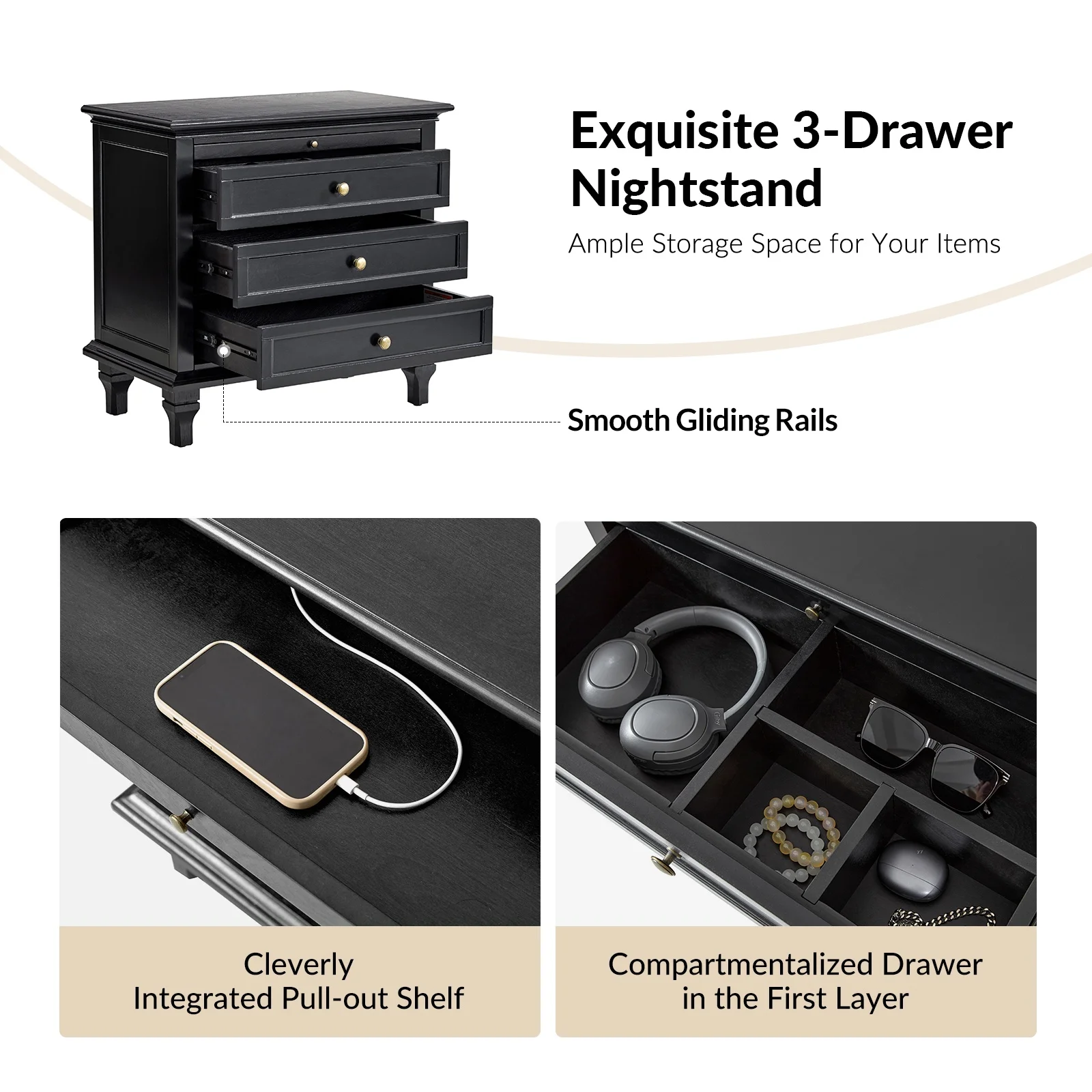 Farmhouse 3 Drawers Nightstand with Tray Bedside Table with Charging Station Acorn - Image 32