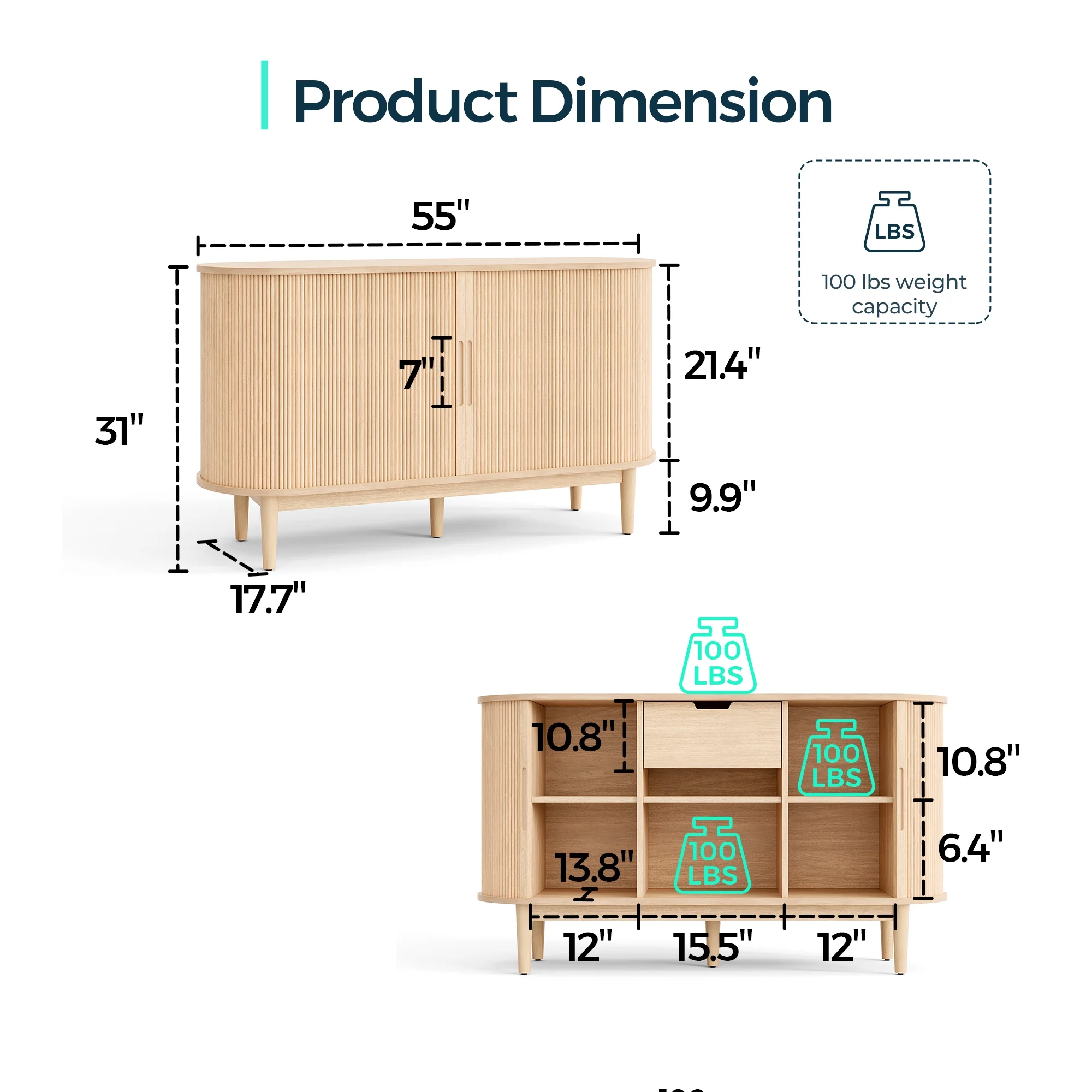 LINSY HOME Fluted Pantry Storage Cabinet, Kitchen Cabinets with Sliding Tambour Door, Wide Storage Cabinet with Removable & Adjustable Shelves for Dining Room, Living Room, Bathroom, Oak