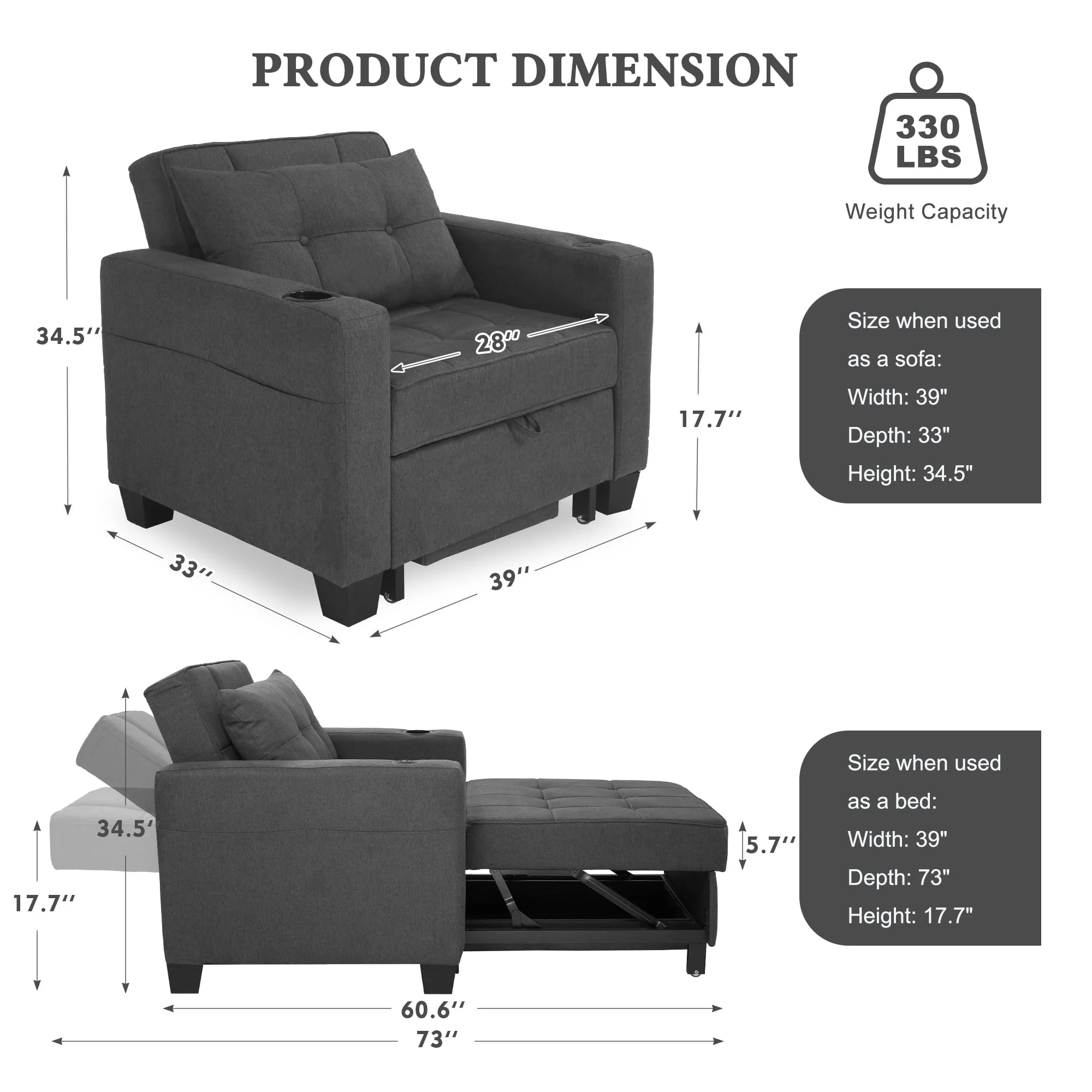 DURASPACE 3 in 1 Convertible Sleeper Chair Bed with Usb Port, Linen Pull Out Chair Indoor, Dark Gray - Image 8