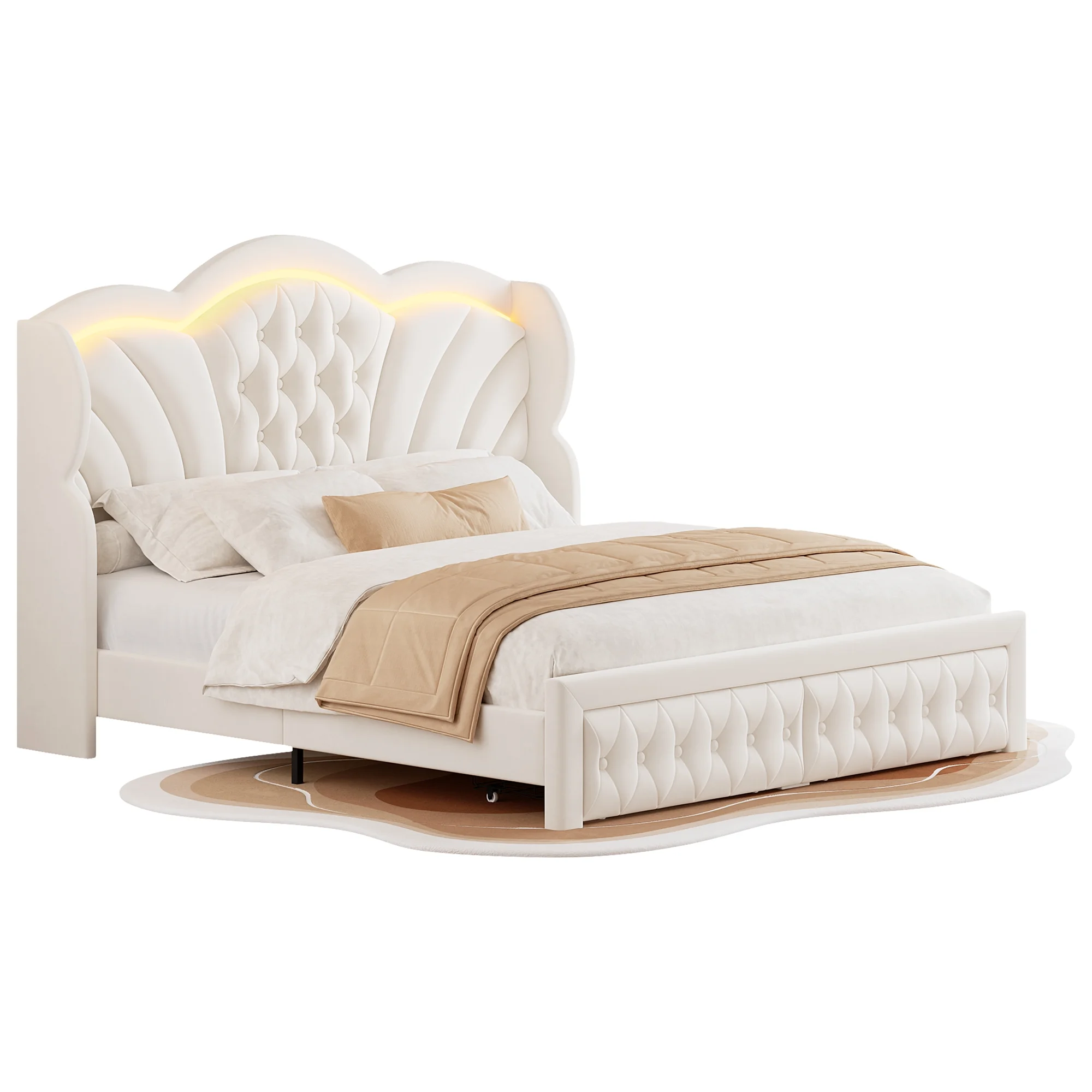 Hiphuta Modern Queen Bed Frame with 2 Drawers, LED Lights Platform Bed Frame, Sturdy Beds Frame with Upholstered Button Tufted Headboard, Velvet White - Image 7
