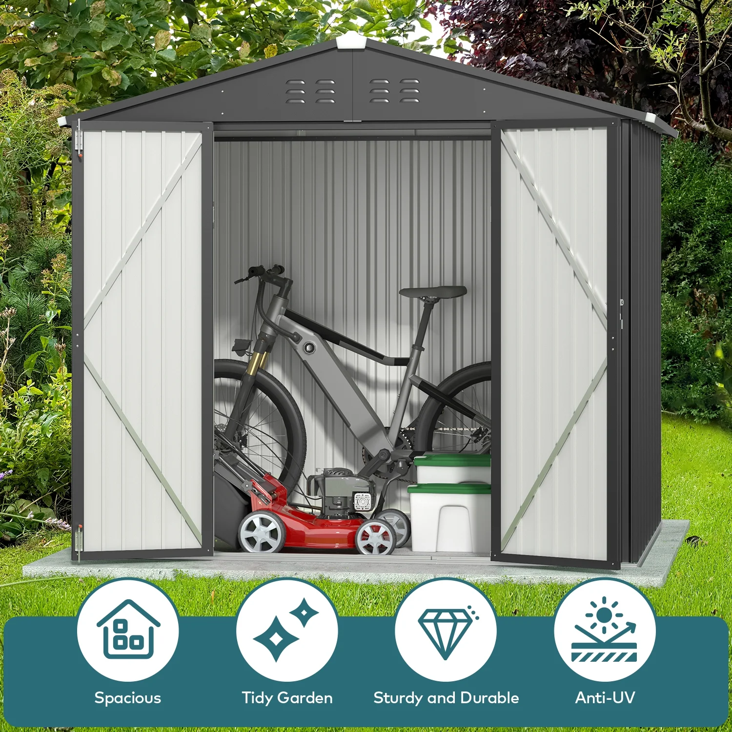 6x4FT Metal Outdoor Storage Shed, Garden Tool Shed with Lockable Doors & Slooping Roof for Backyard,Patio,Dark Grey - Image 3
