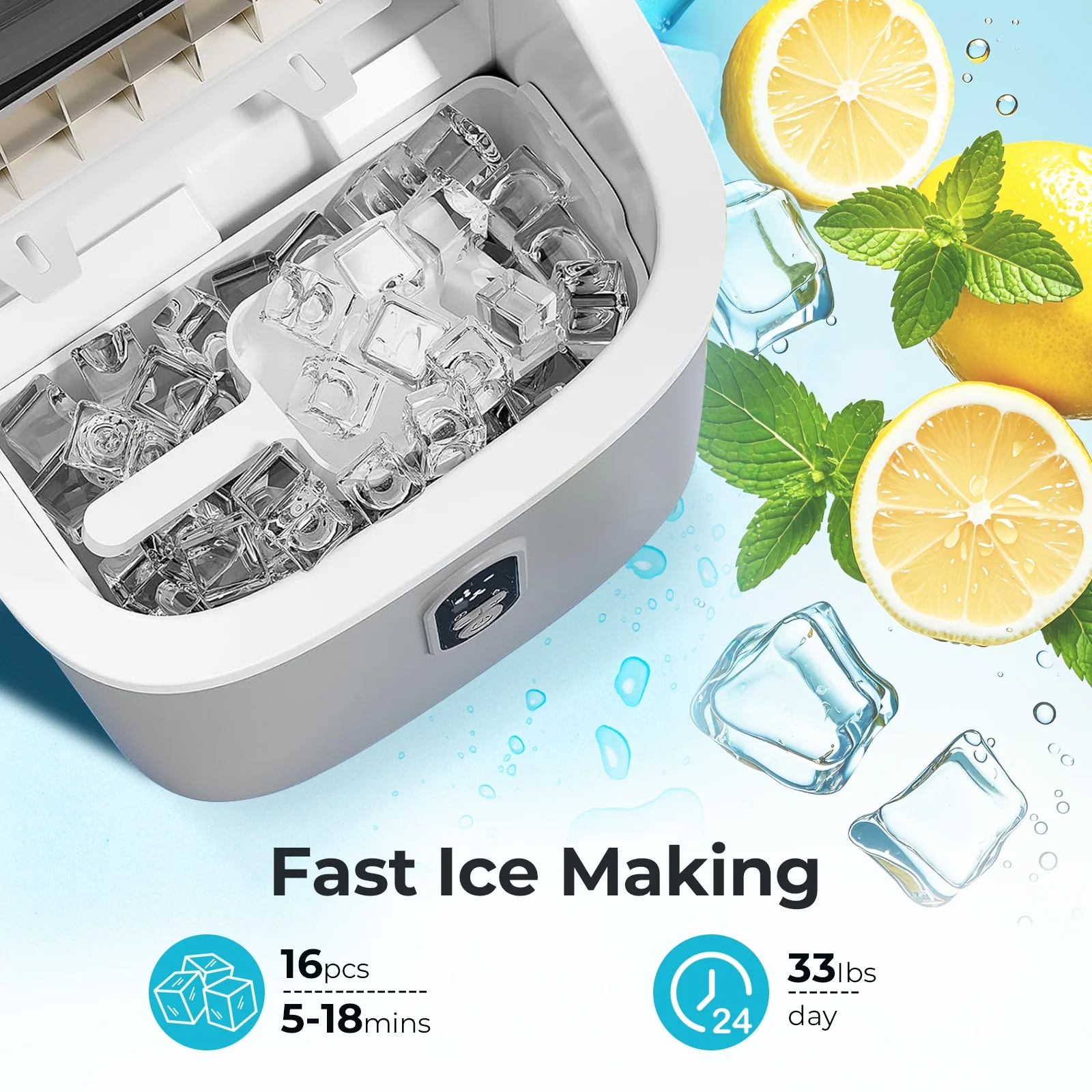 WAA Ice Maker with 1.5L Detachable Water Tank,33Lbs/24H Cube Ice,Timing Function,Self-Cleaning,Grey