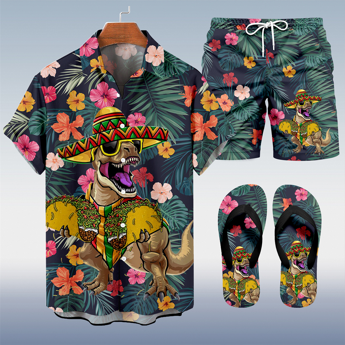 Suitmens Men's Tiki Party Hawaiian Vacation Print Three-Piece Set 029