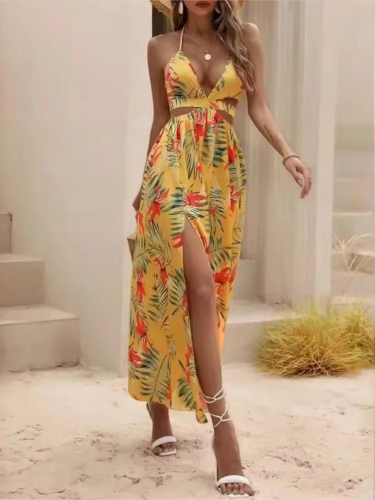 Print Halter Neck Slit Dresses Women Sexy Deep V-neck Hollow Out Backless Bowknot Leace-up Long Dress Female Streetwear Vestidos - AZJHJ