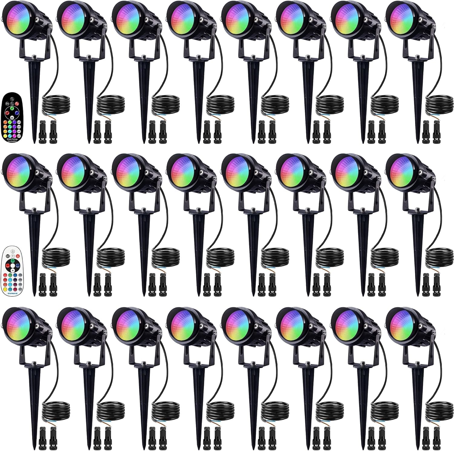 SUNVIE 24 Pack Halloween RGBW Low Voltage Landscape Lights 12W LED Color Changing Landscape Lighting with Remote Control and Wire Connectors, AC/DC 12V-24V Waterproof Outdoor Spotlight for Yard Garden