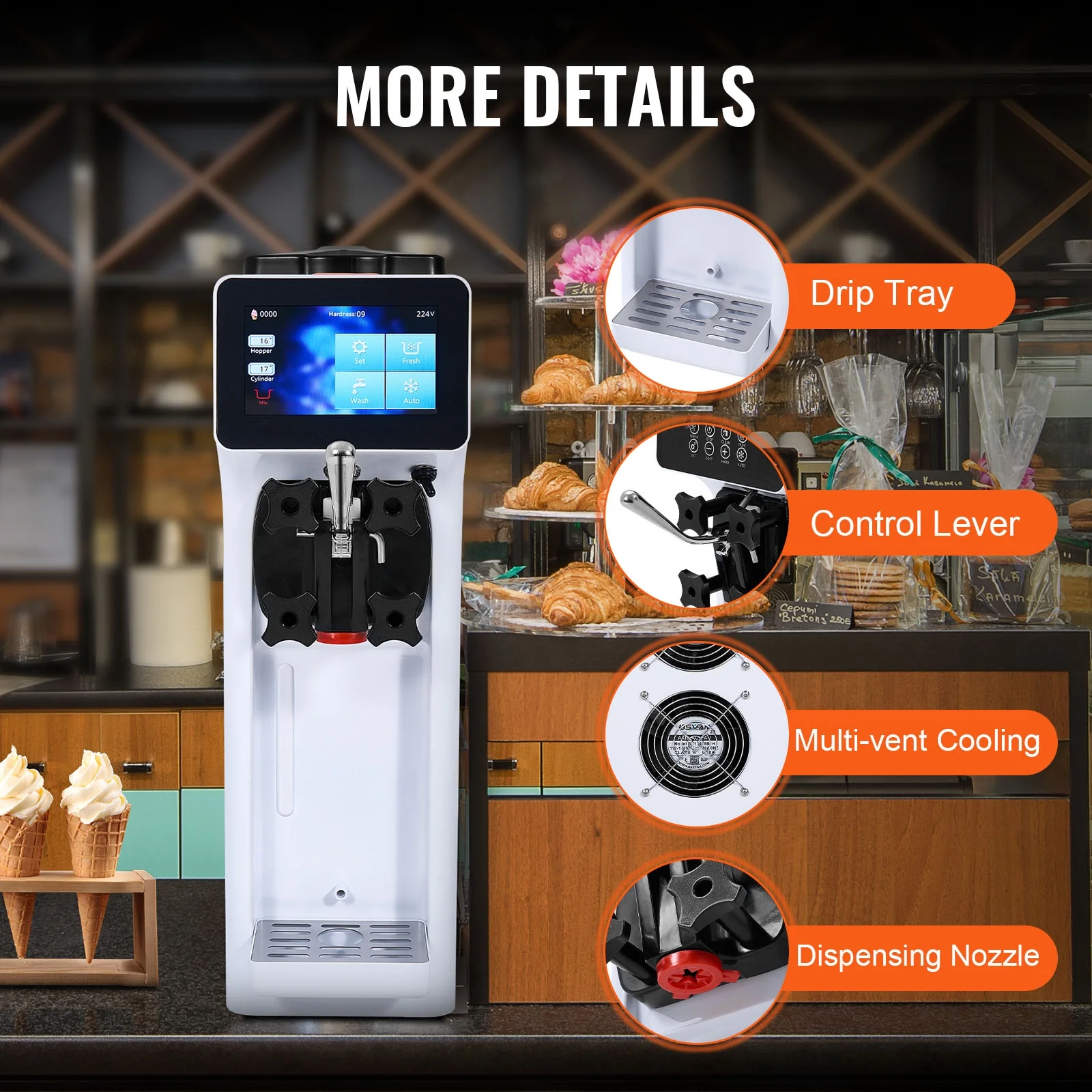 KFFKFF Commercial Ice Cream Machine Output of 10.6 QT/H, 1000W Single Taste Tabletop Soft Serve Ice Cream Device, 4L Reservoir 1.6L Cylinder, Digital Screen Automatic Cleaning Pre-chilling - Image 4