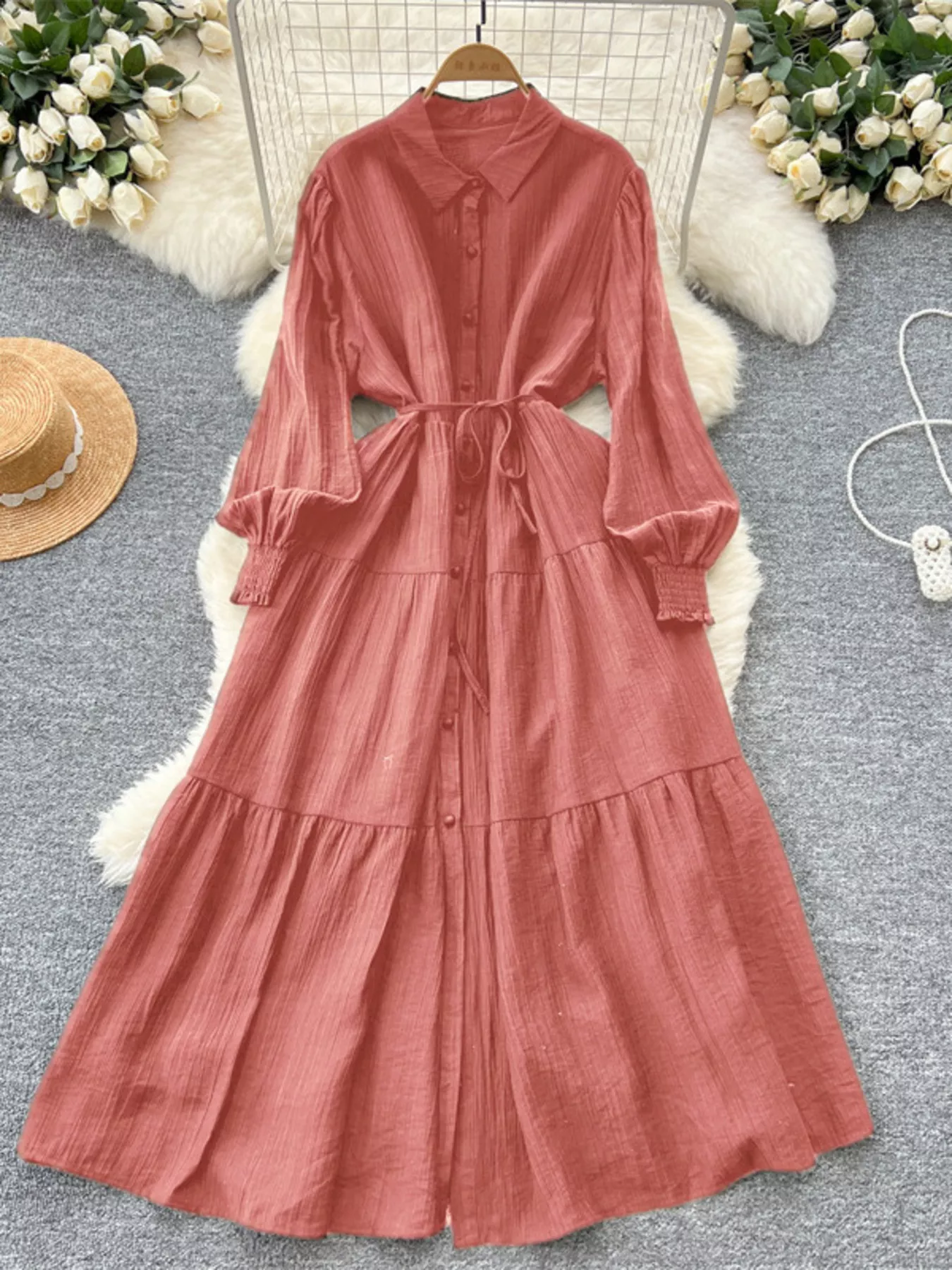 Button Down Tiered Long Sleeve Dress - ZKZOOK