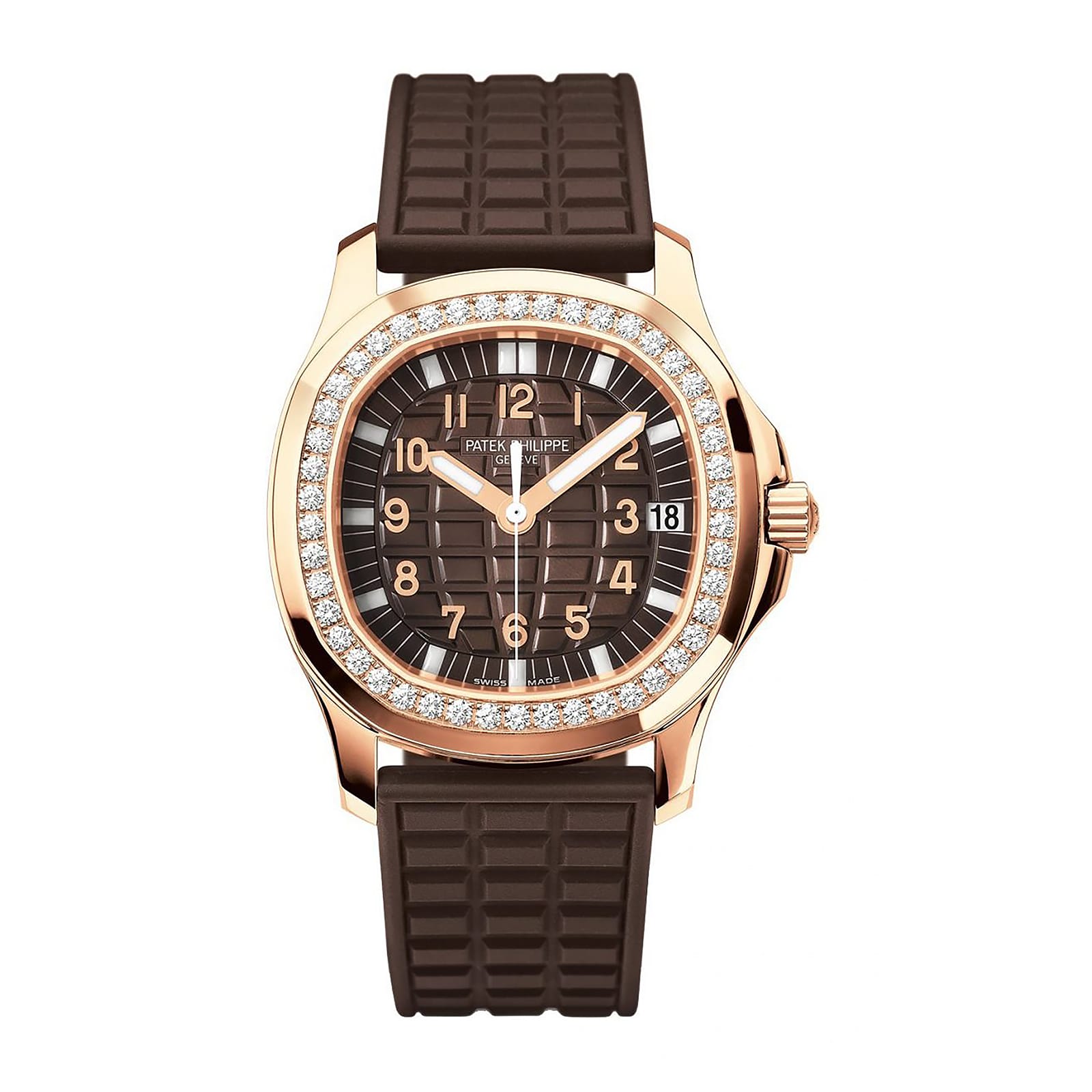 Fake Patek Philippe Replica Watch Aquanaut Ladies Embossed Brown Arabic Diamond Bezel Rose Gold Composite 35.6mm 5068R-001 TWF(1:1 replica) - Elite Watch Atelier