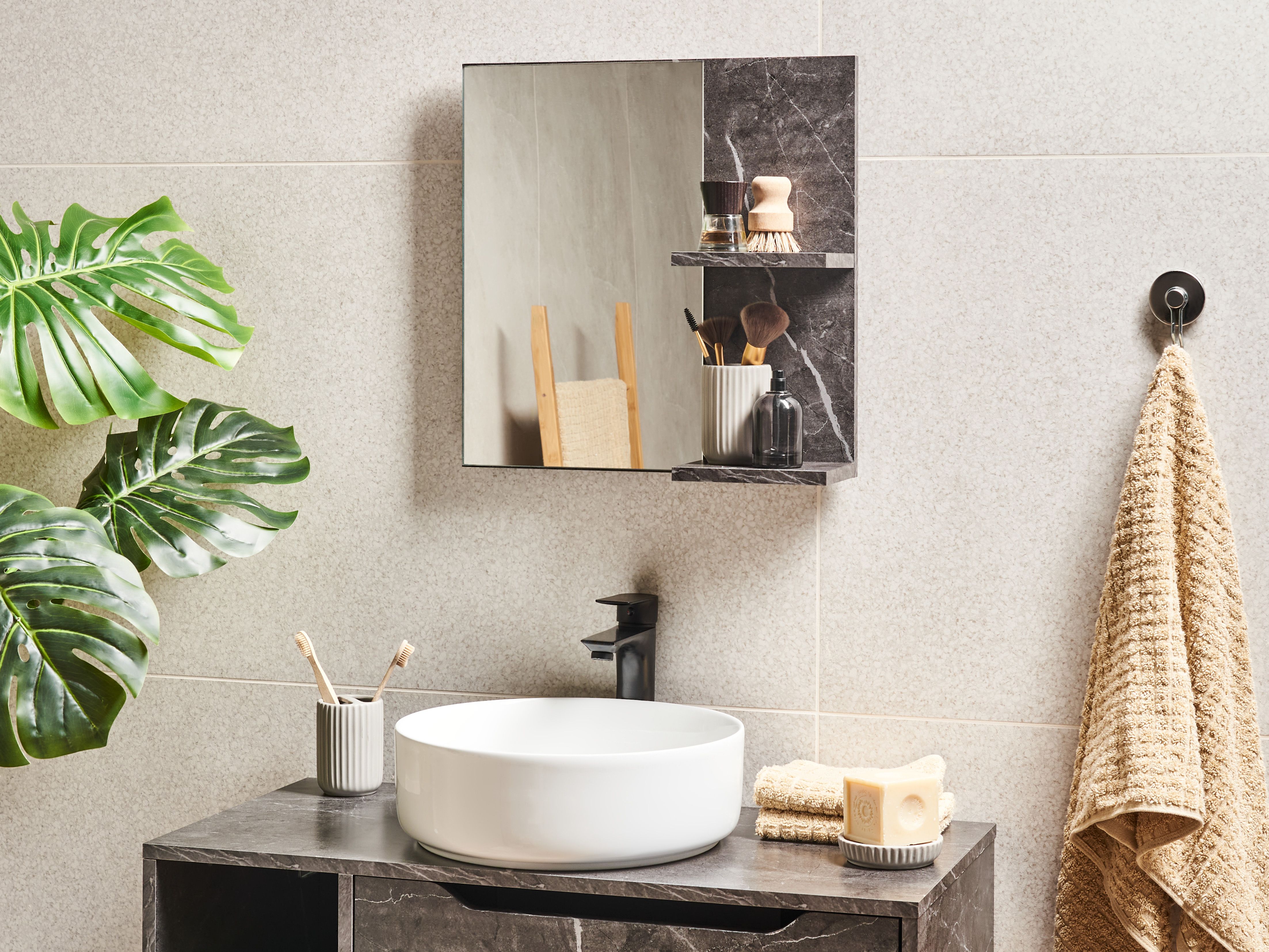 Wall Mirror with Shelf PELOTAS 45 cm 45 cm Marble/ Black