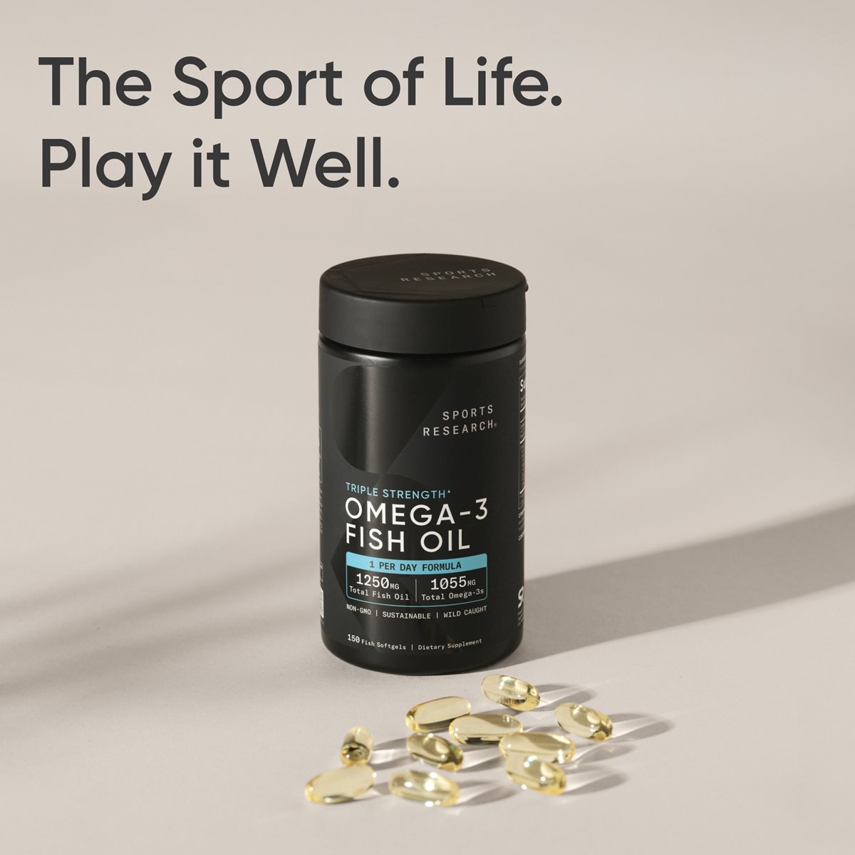 Image of a bottle of Omega-3 Fish Oil Softgels with a collection of Omega-3 Fish Oil softgels. Text reads: "The Sport of Life. Play it well."