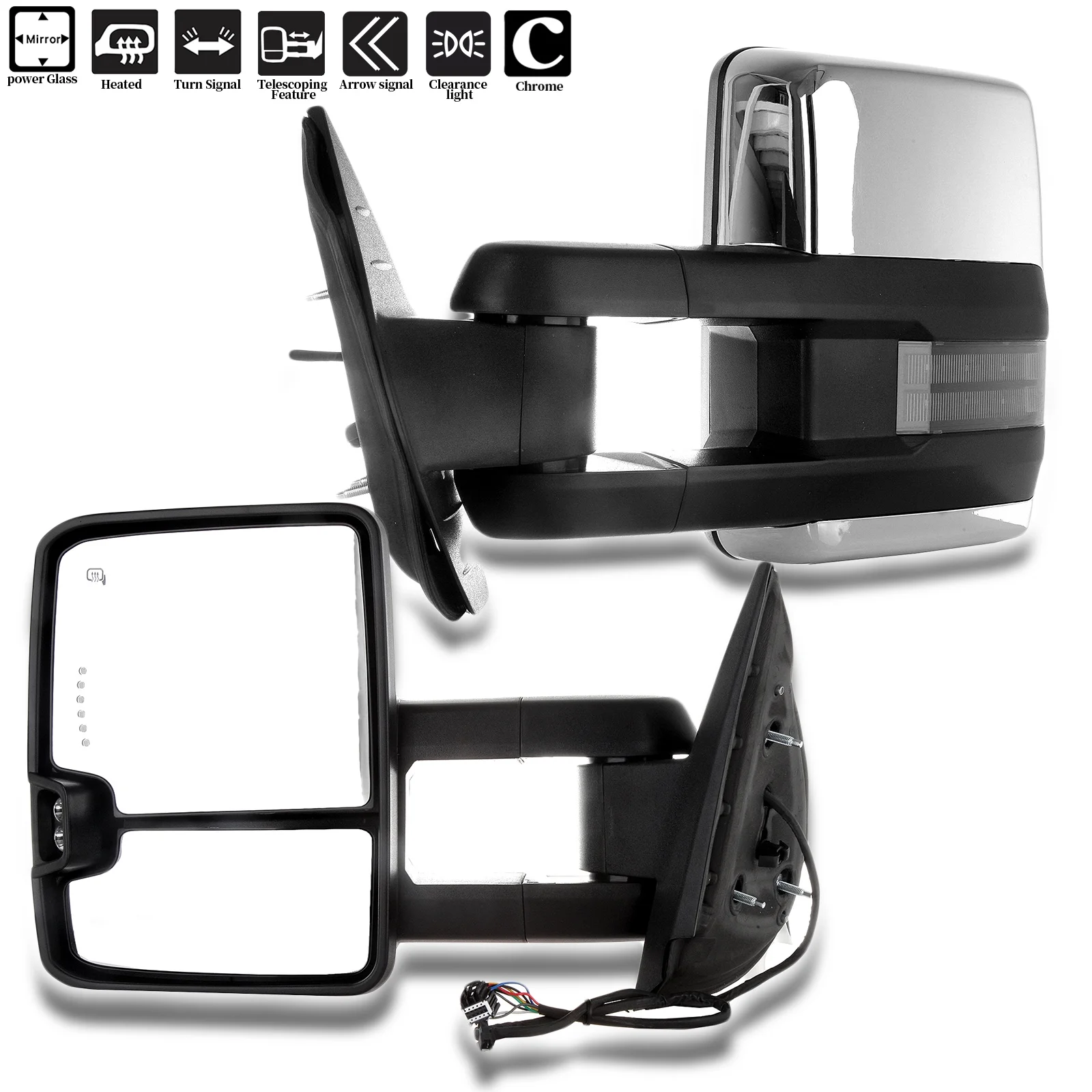 SCITOO Towing Mirrors Tow Mirrors Chrome Truck Mirrors fit for 2007-2014 for Chevy Silverado for GMC Sierra (07 for New Body) with Pair LH RH Power Adjusted Heated Turn Signal Light Light