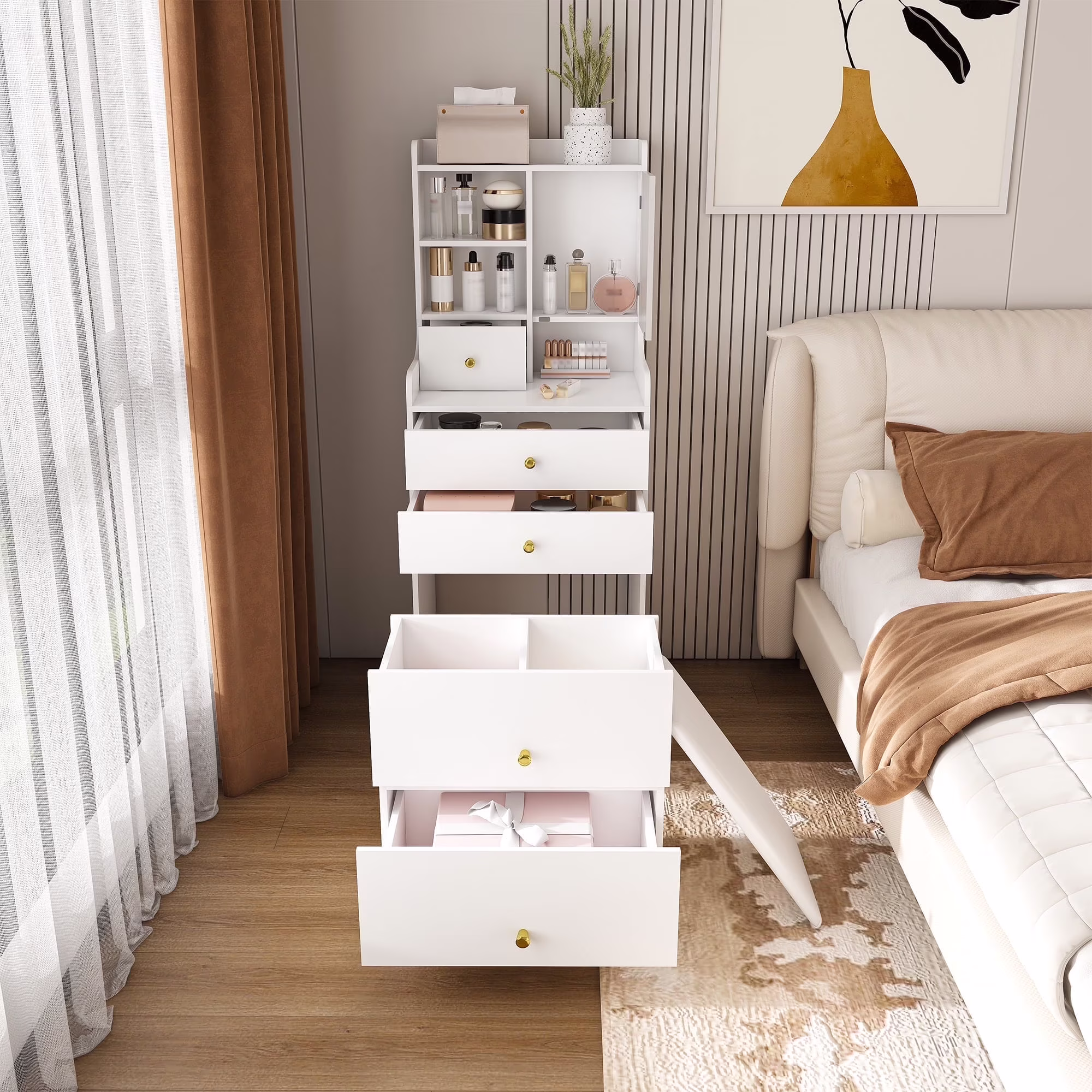 Montary Modern Mini Vanity w/Adjustable LED Mirror + Hidden Storage, Padded Stool & Dustproof Shelves (White) - Image 7