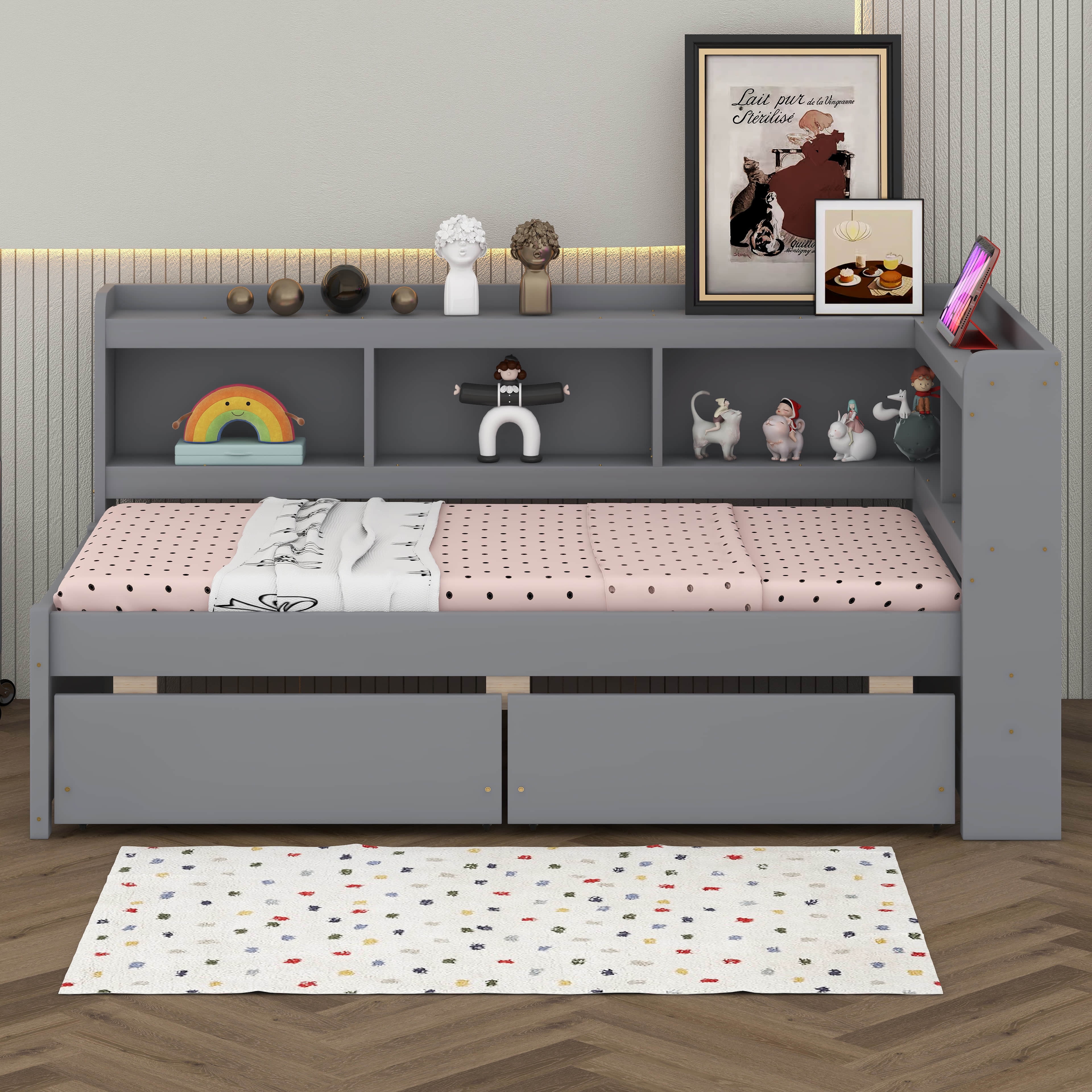 BEBPILOO Twin Size L-Shaped Bookcase Bed with Electrical Outlet, USB Charging Port, Two Drawers, Gray