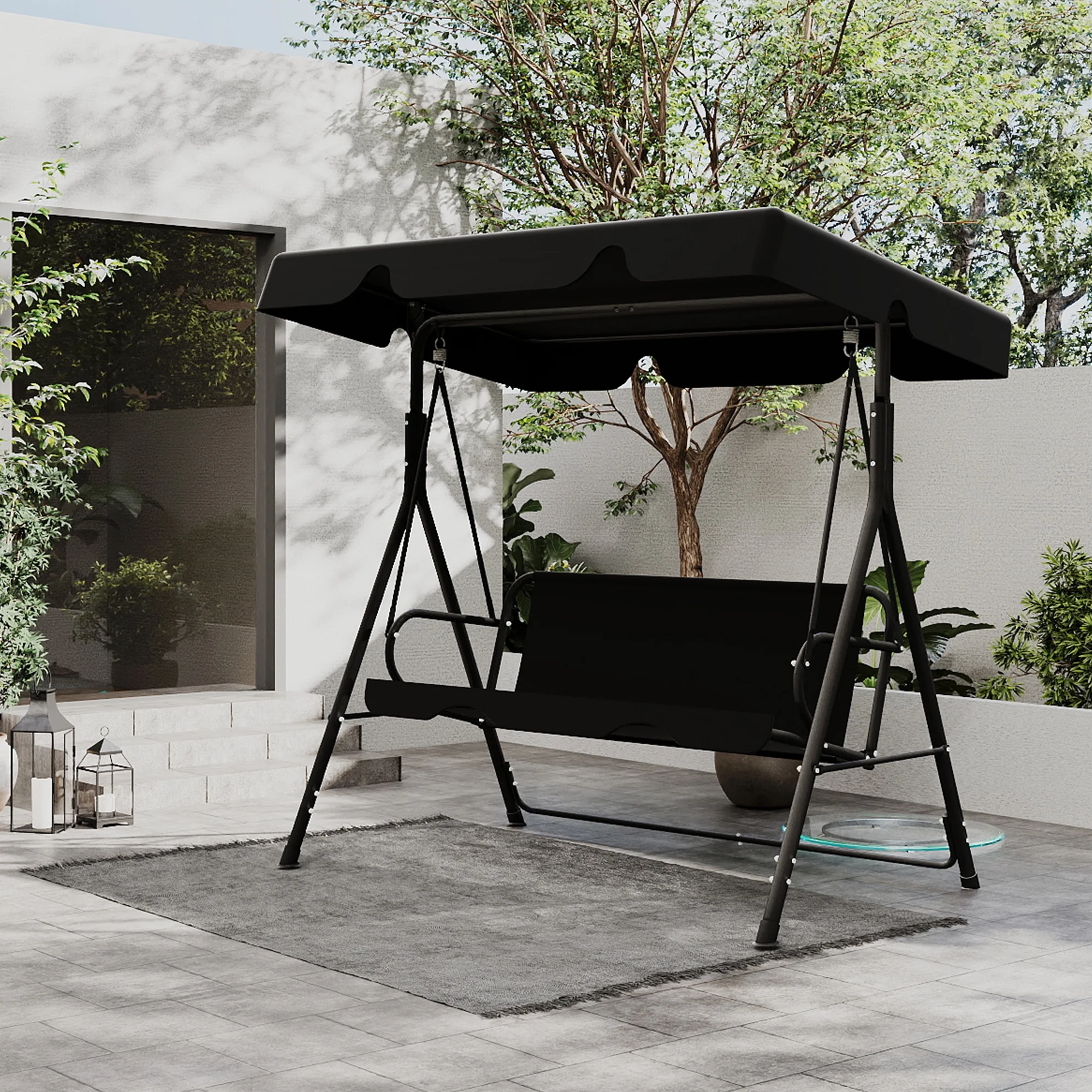 Melocadol 3 Seats Outdoor Porch Swing Glider, Patio Swing Chair with All Weather Covered Canopy and Rust Proof Heavy Duty Stand, for Garden, Lawn, or Backyard, Black