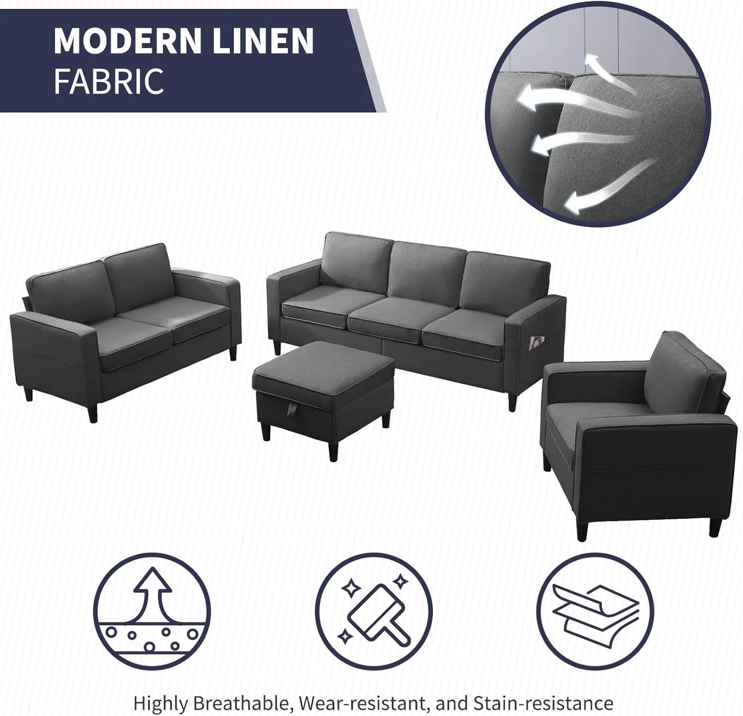 ijuicy Sectional Sofa Set,3PCS Living Room Furniture Couch Sets with Movable Storage Ottoman & Side Pockets,Include Sofa,Loveseat&Chair,Dark Gray - Image 9