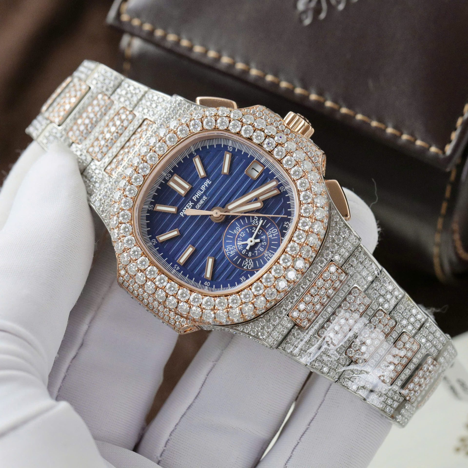 Patek Philippe Nautilus 5980 Replica Watch 18K Gold Wrapped + Diamonds Moissanite Custom 40.5mm - Top club