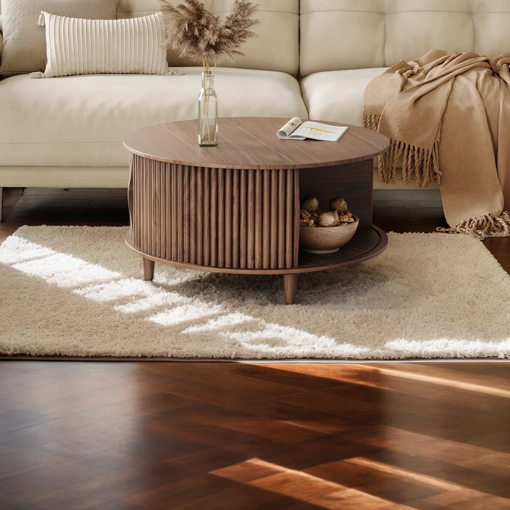 JOINICE Round Coffee Table with Storage and Sliding Door,Mid Century Modern Wooden Center Table,for Living Room,Walnut - Image 9