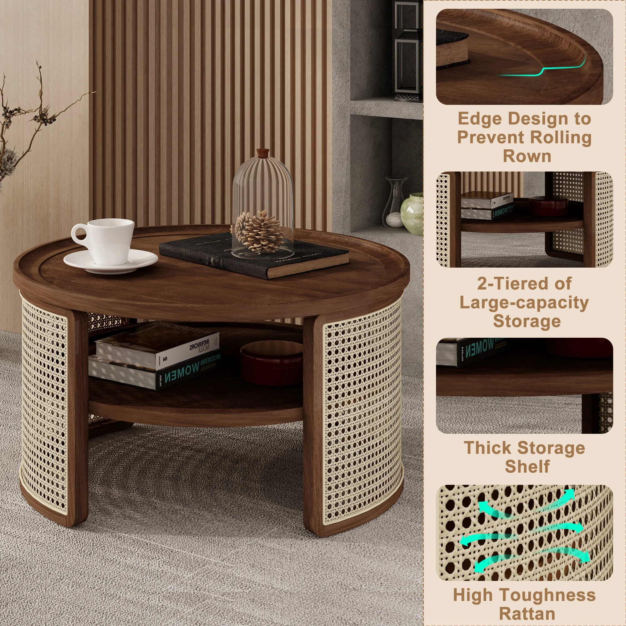 Harper & Bright Designs Rattan Round Coffee Table with Storage Shelf, Round Cane Wood Center Table for Living Room, 37'' Brown - Image 27