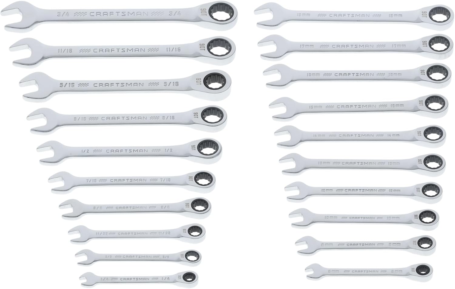 CRAFTSMAN Ratchet Wrenches Set, 20 Pc, 90 Tooth SAE/Metric Ratcheting Wrench Set with Case, 4 Degree Arc Swing (CMMT87220)