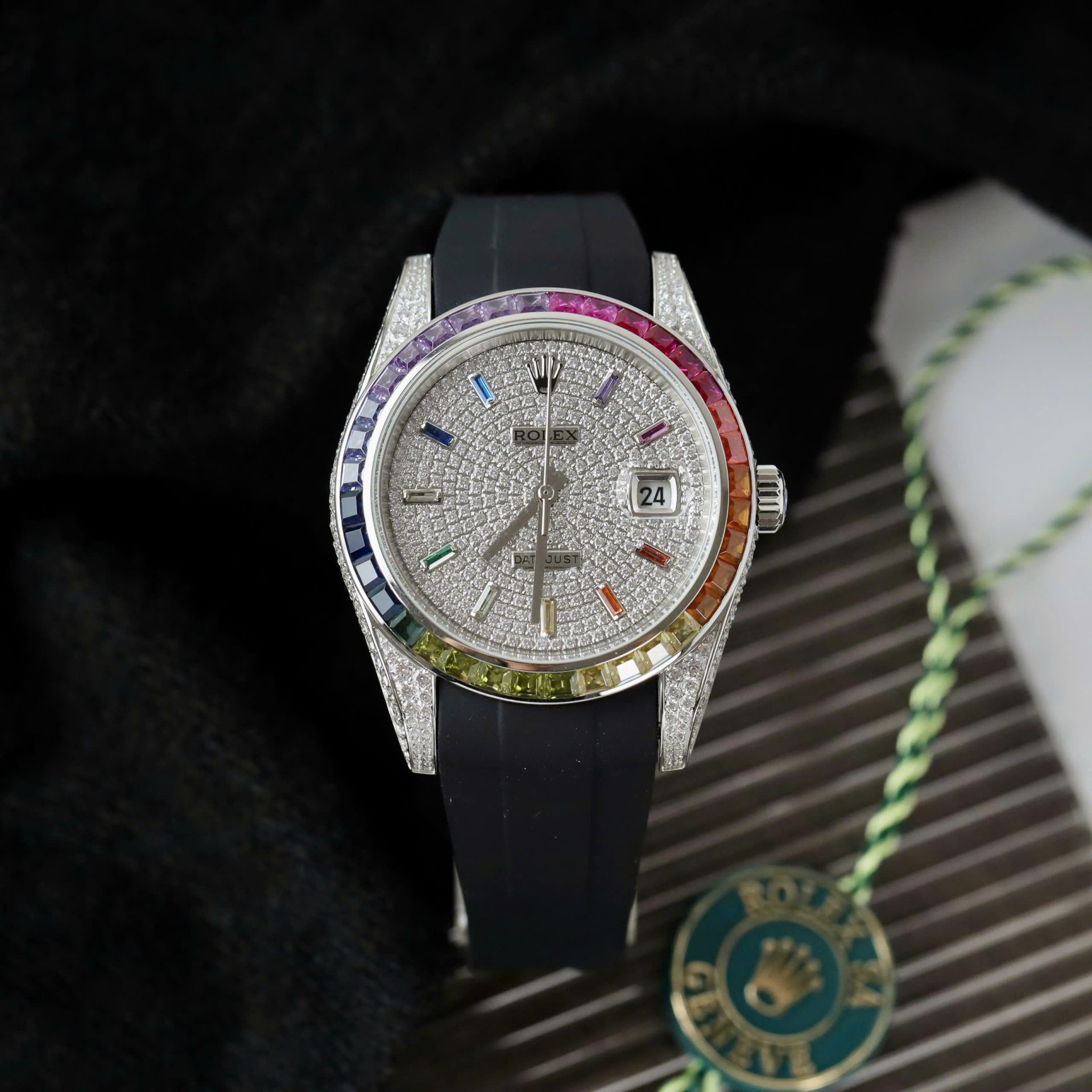 Rolex DateJust Rainbow Fake Watch Rubber Strap 41mm - Elite Watch Atelier