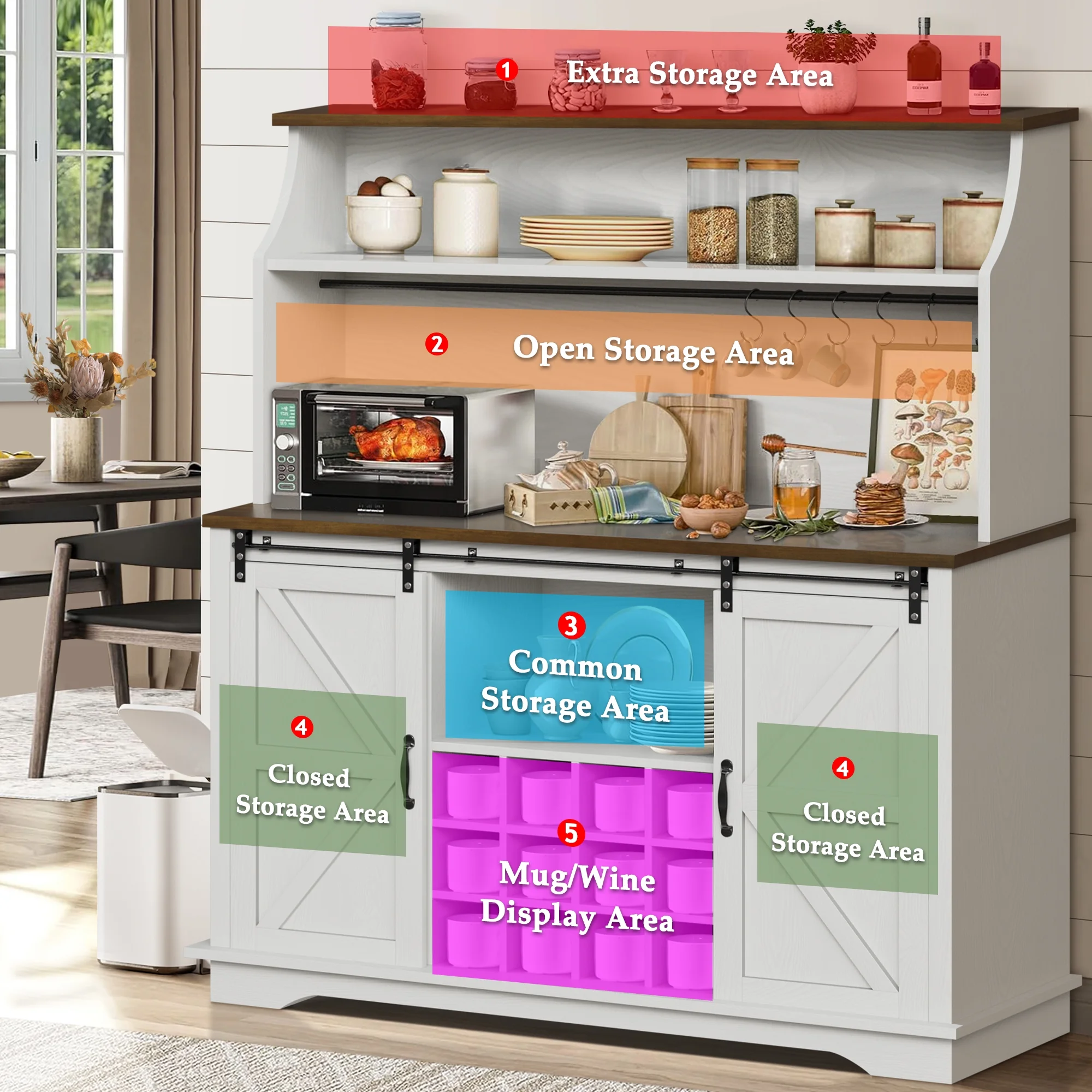 DreamCurship 55'' Farmhouse Coffee Bar Cabinet with 3-Tier Storage Hutch, Kitchen Storage Cabinet with 12 Wine Racks & 6 Hooks, Hutch Cabinet with Adjustable Shelf for Kitchen Dining Room, White