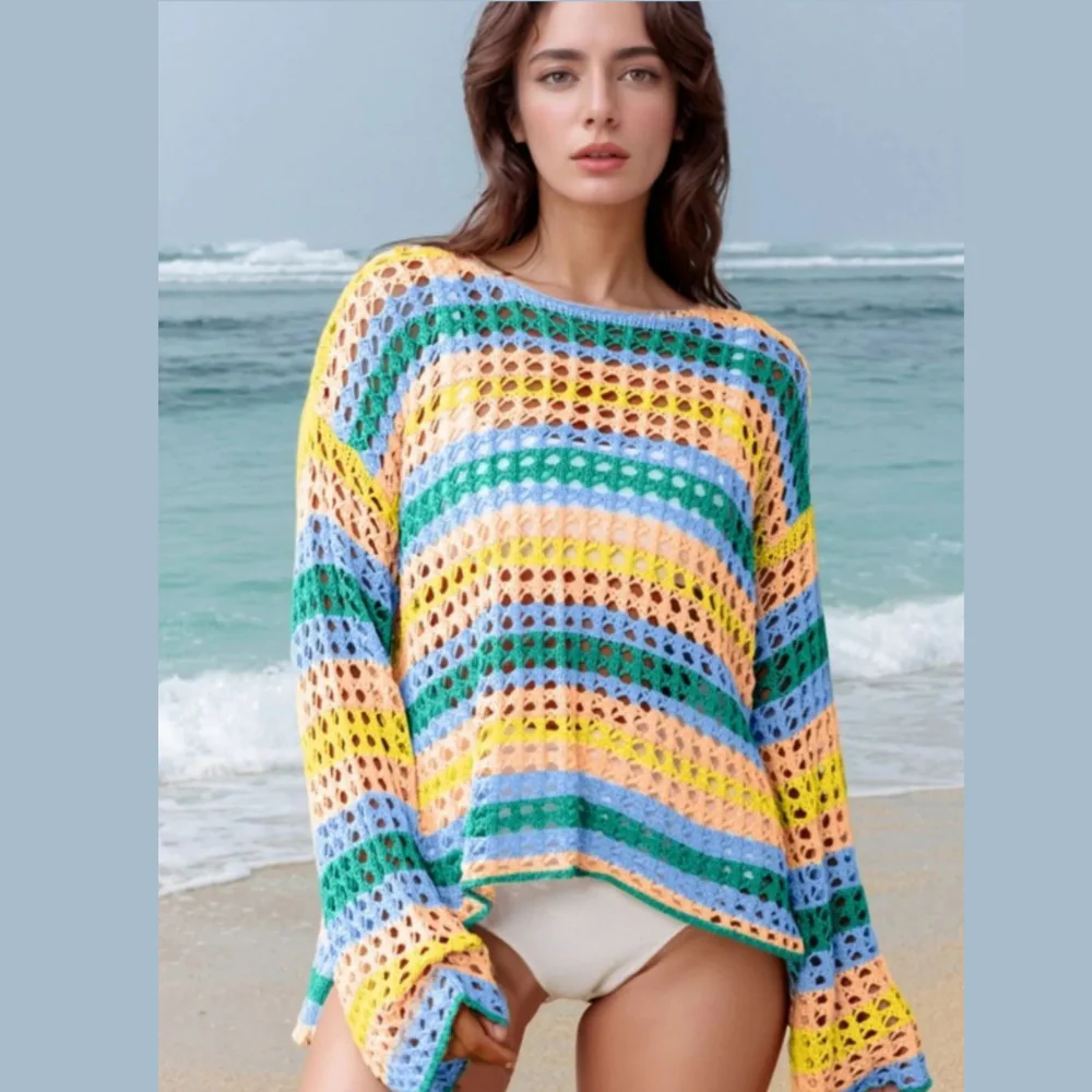 Openwork Round Neck Long Sleeve Knit Cover Up - ZKZOOK