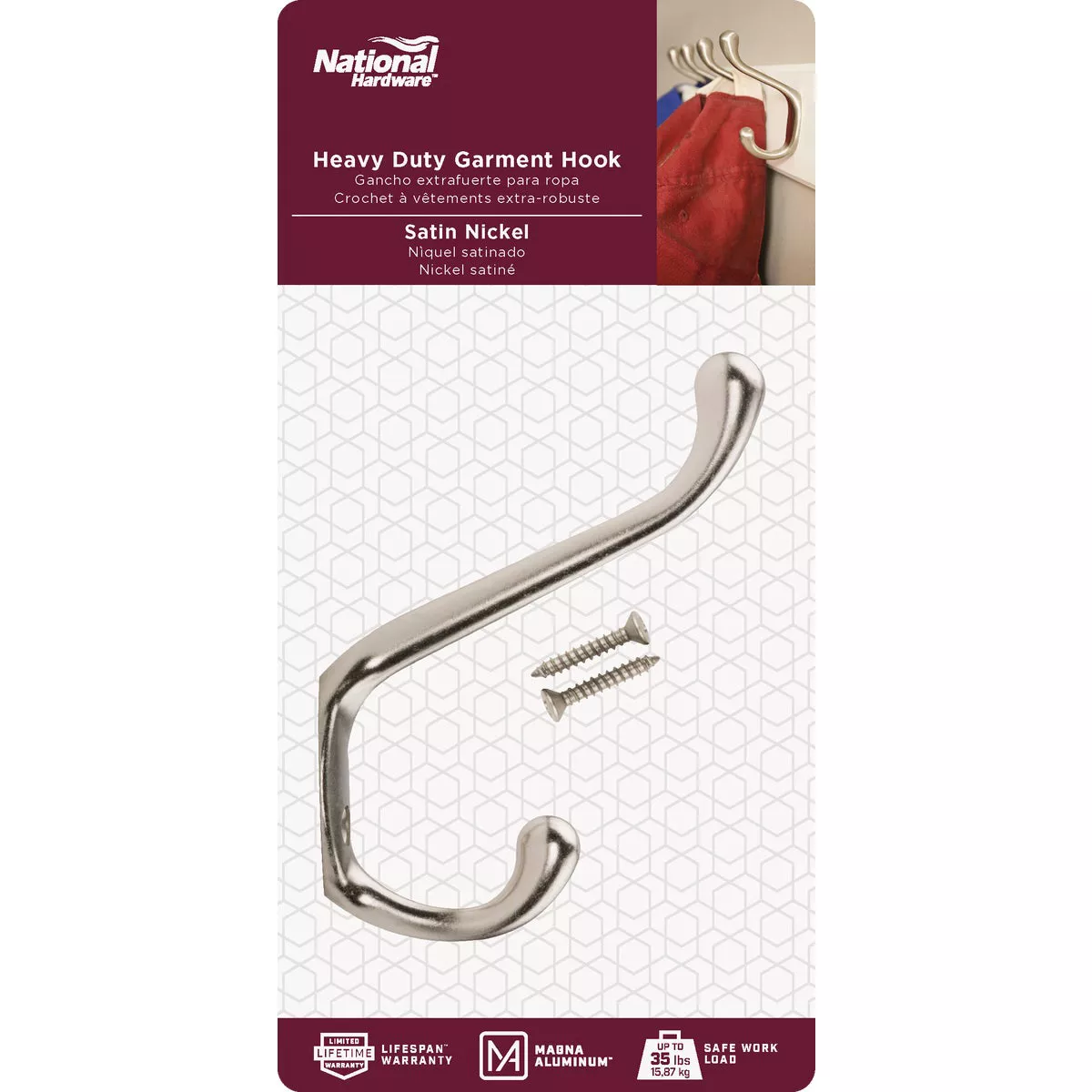National Hardware Heavy-Duty Satin Nickel Garment Hook