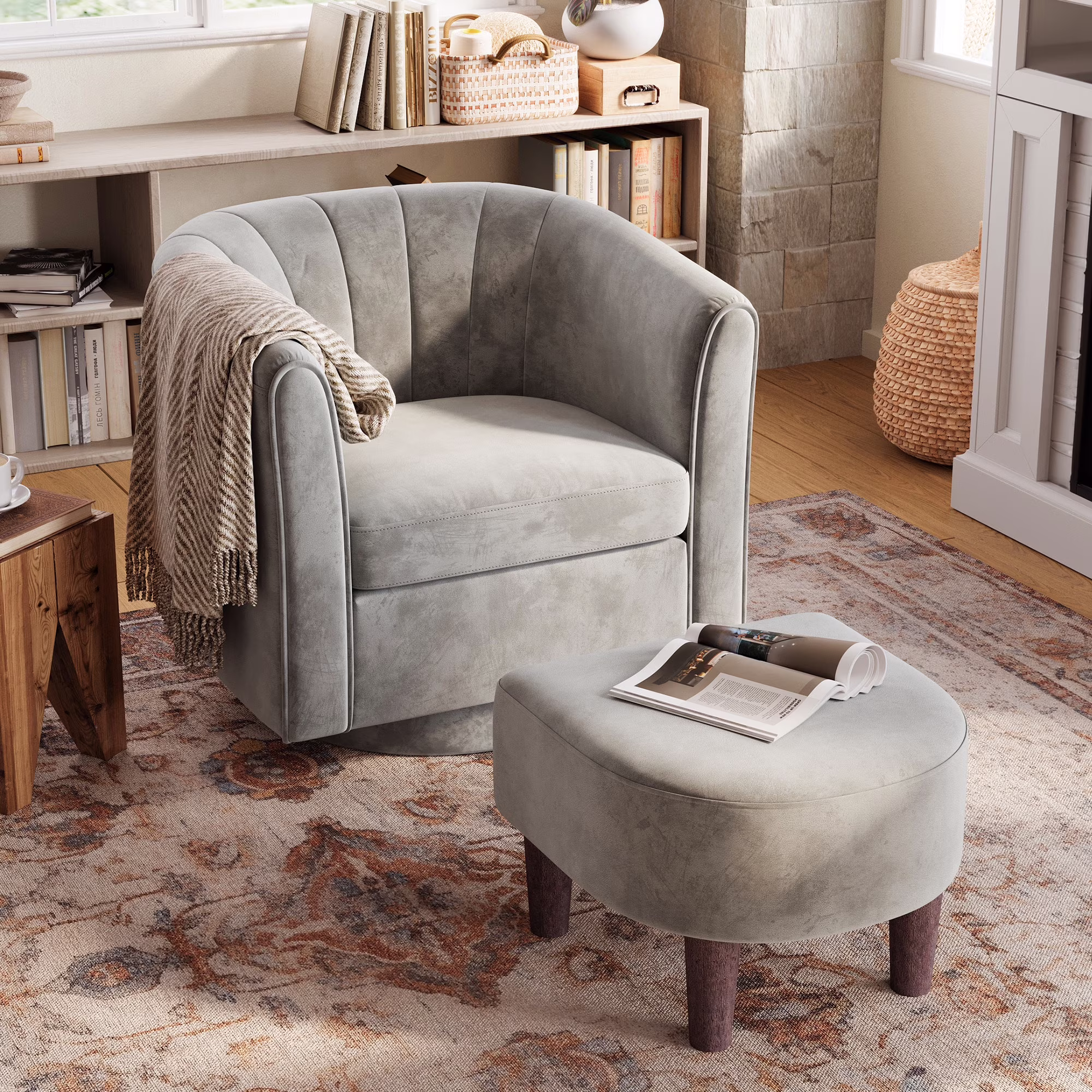 LINSY HOME Swivel Accent Chair with Ottoman, Velvet Barrel Chair for Living Room, Blue - Image 7