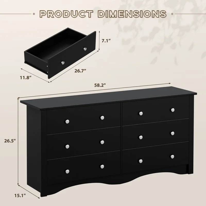 Lumihaven Rustic Modern Chest of 6 Drawers,Extra Wide Double Dresser for Master Bedroom or Nursery Storage,Black - Image 9