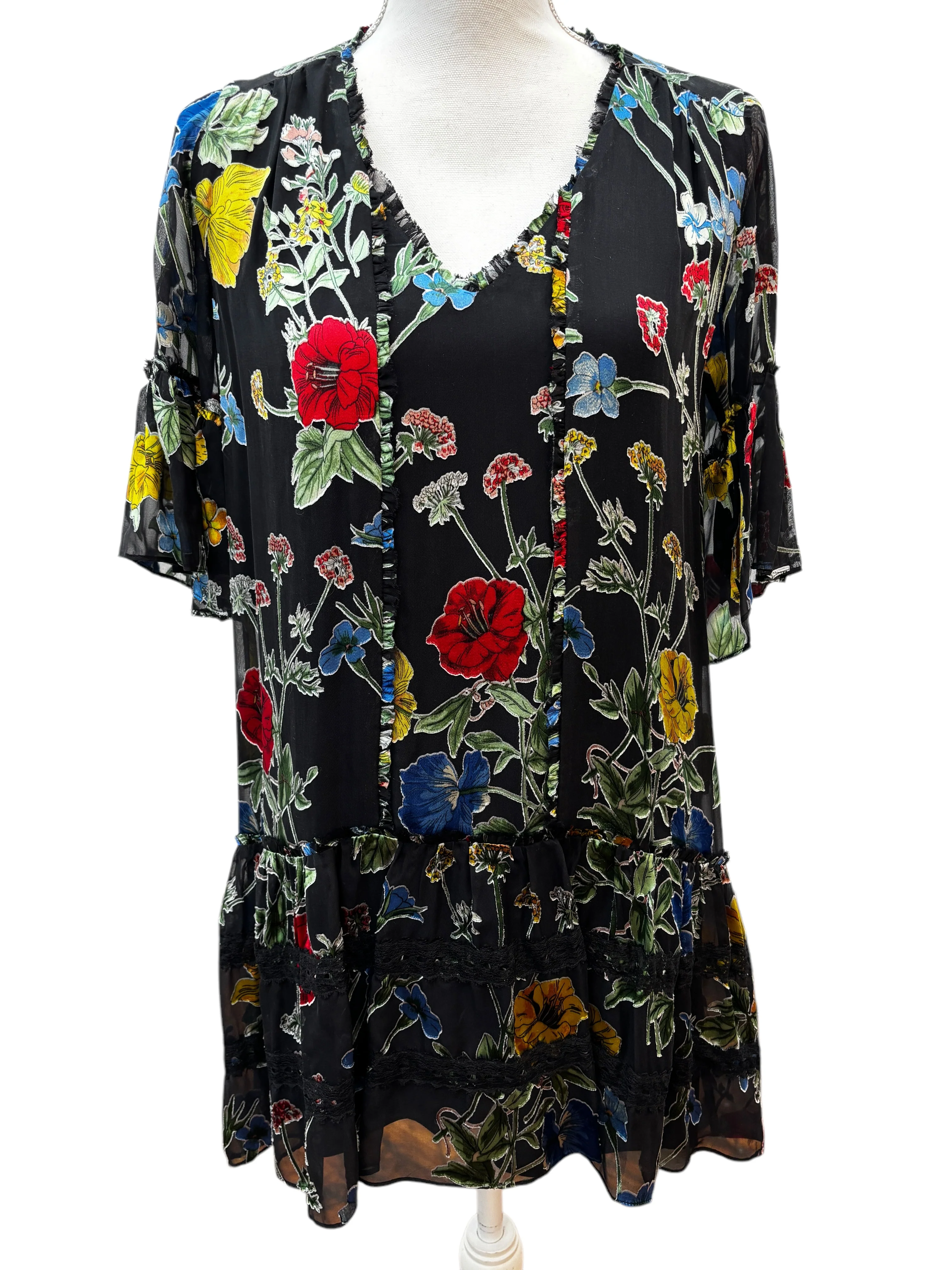 Alice + Olivia Black Floral Sheer/Slip V Neck Dress, XS