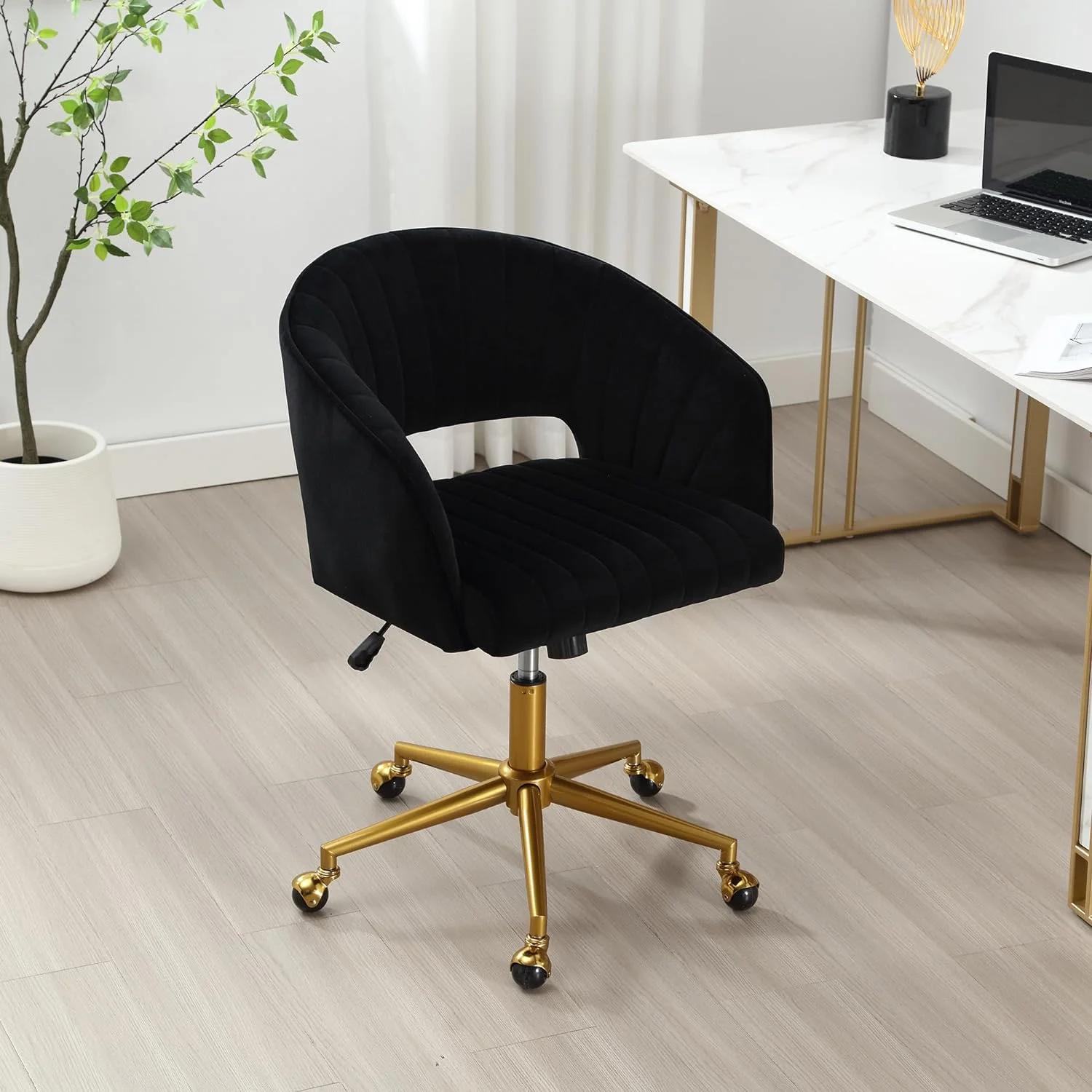 Home Office Swivel Desk Chair, Modern Velvet Vanity Chair, Height Adjustable Armchair with Gold Base, Ergonomic Office Chair for Task Study Computer Room, Beige - Image 30