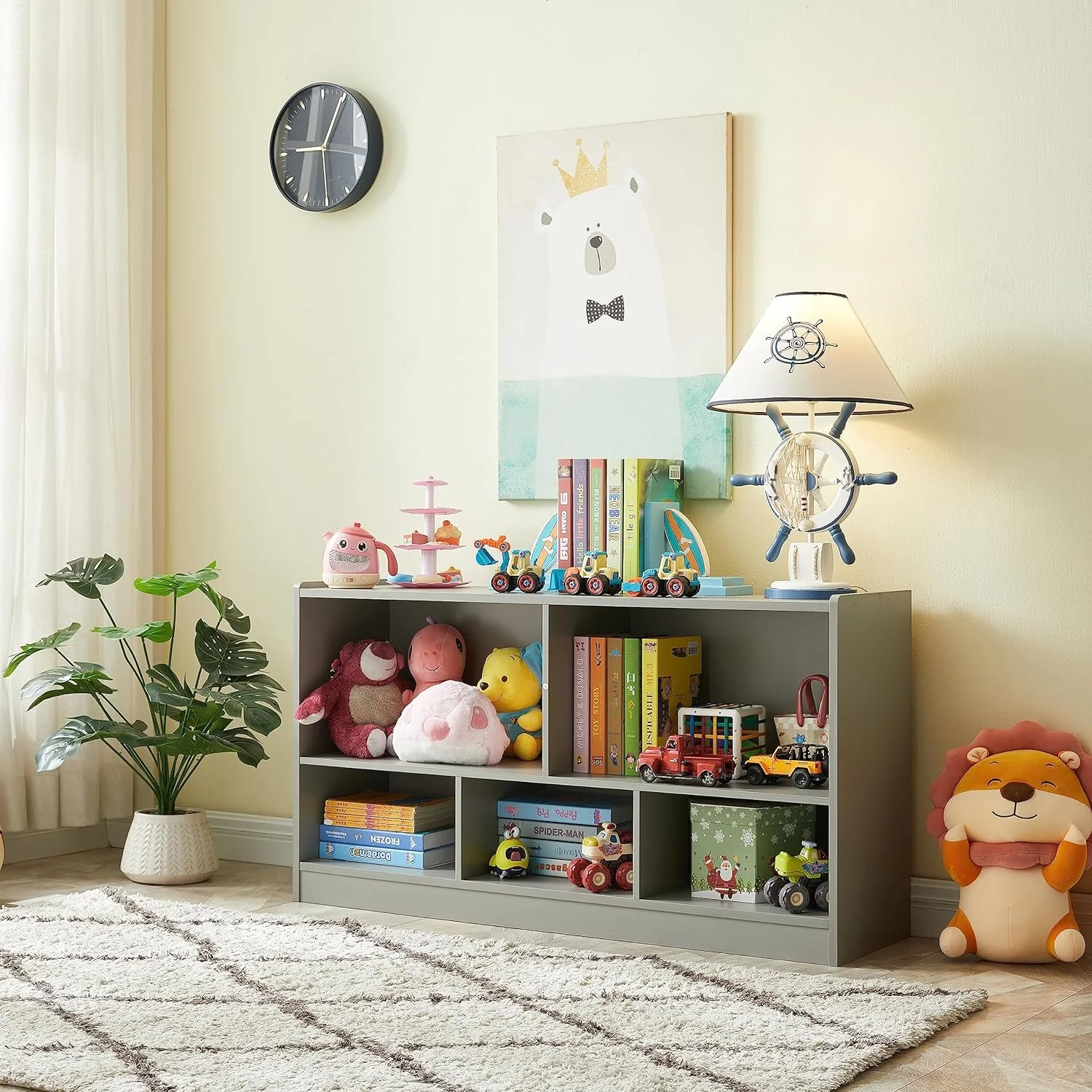 Toy Organizers and Storage, 5-Section Kids Bookshelf for Organizing Books Toys, School Classroom Wooden Storage Cabinet for Children's Room, Playroom, Nursery