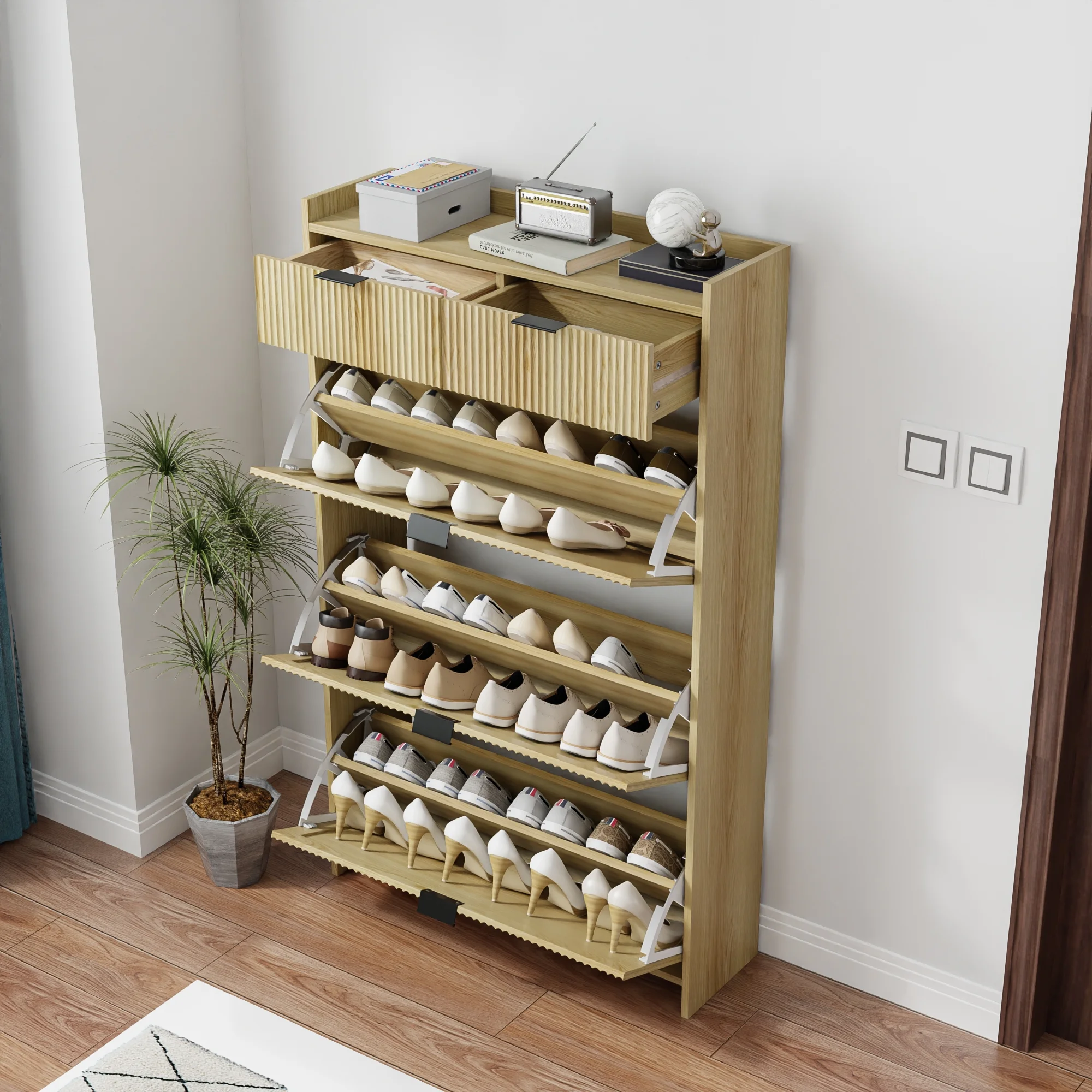 Shoe Cabinet, Free Standing Tipping Bucket Shoe Rack Organizer with 3 Flip Drawers, Modern Entryway Narrow Shoe Rack with 2 Drawers & Top Storage, for Hallway Bedroom, Walnut - Image 20