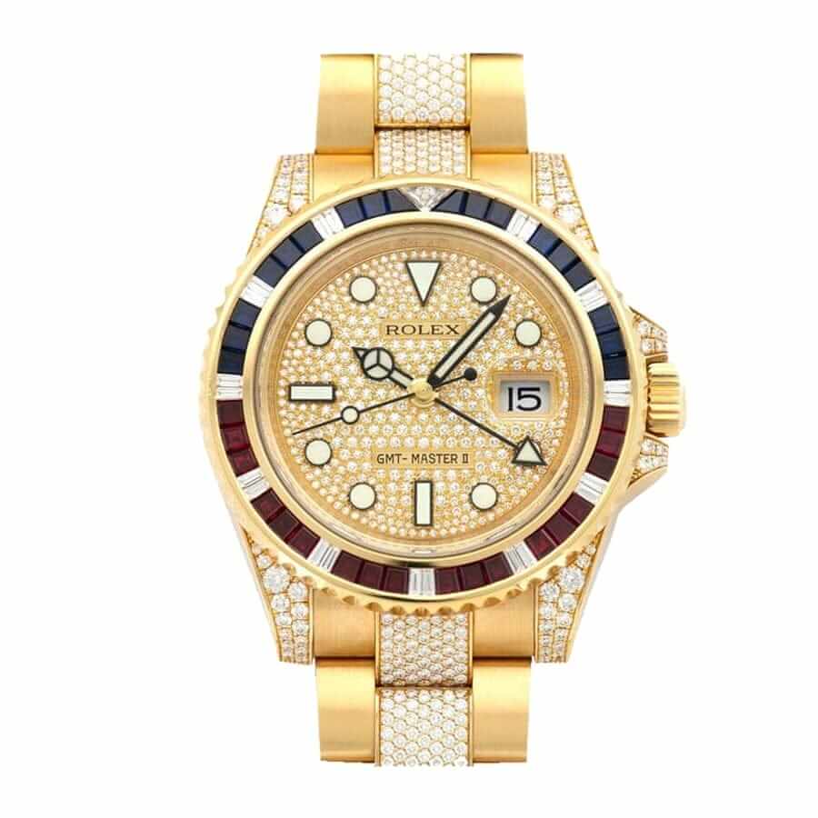 Rolex GMT Master II 116758 SARU Yellow Gold Diamonds Dial Iced Out Replica - Elite Watch Atelier
