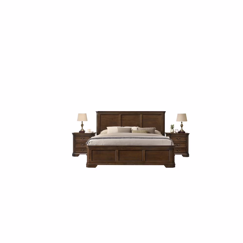 Maderne 3-Piece Bedroom Set with King Size Panel Bed and Two Nightstands, Antique Walnut Finish